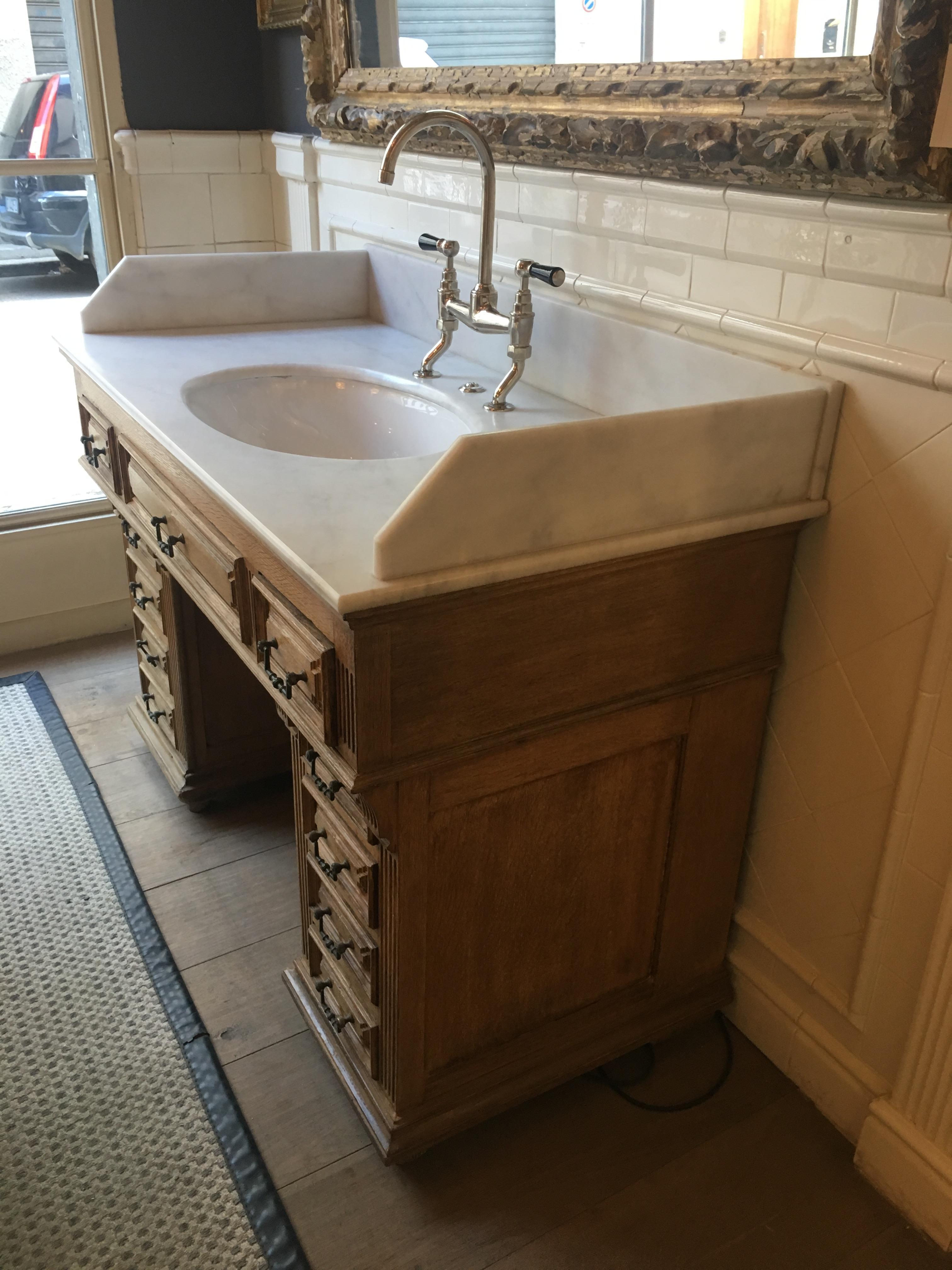 Victorian 19th Century French Oak Cupboard Sink with Drawers and Carrara Marble Top, 1890s