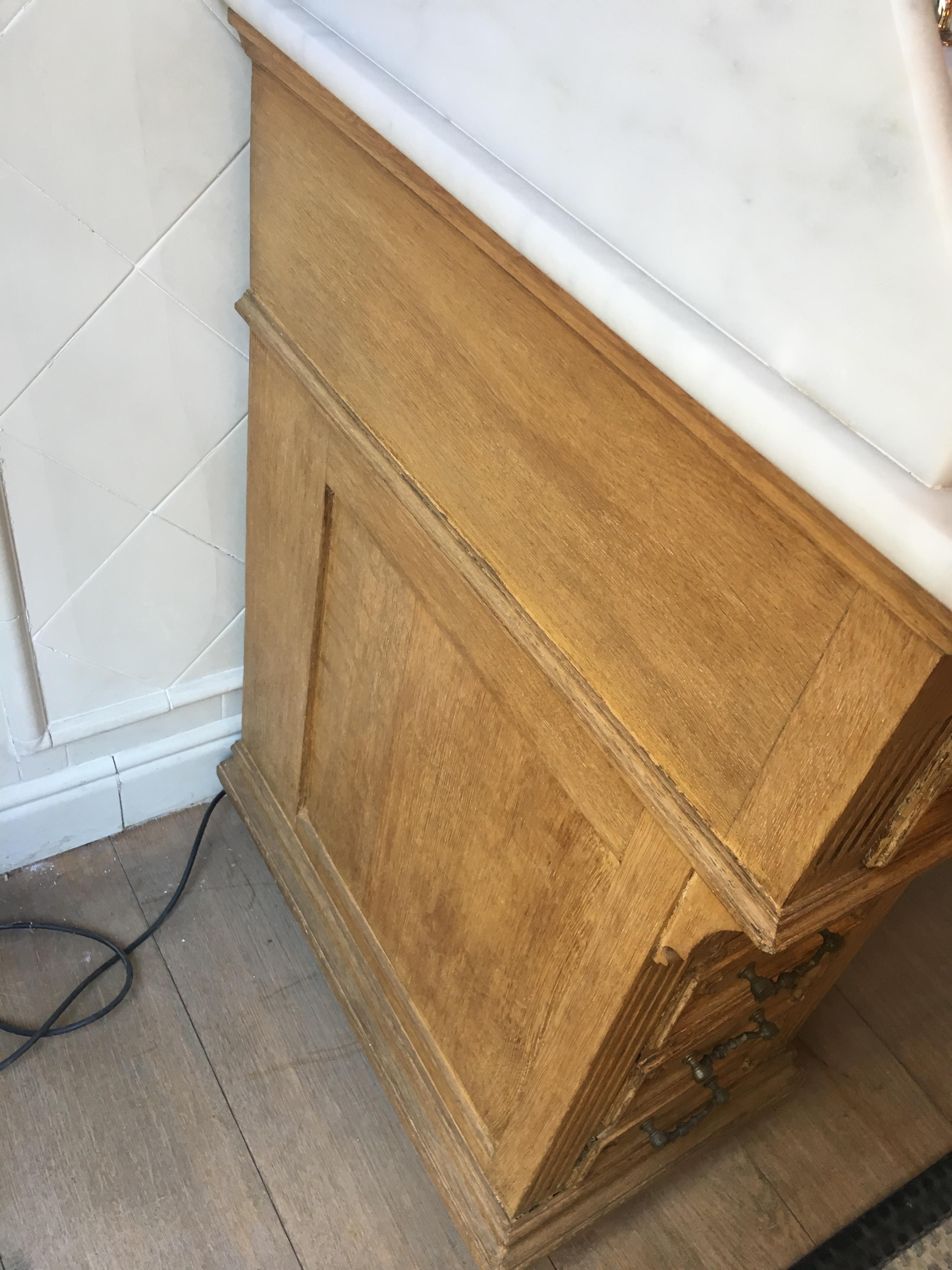Late 19th Century 19th Century French Oak Cupboard Sink with Drawers and Carrara Marble Top, 1890s