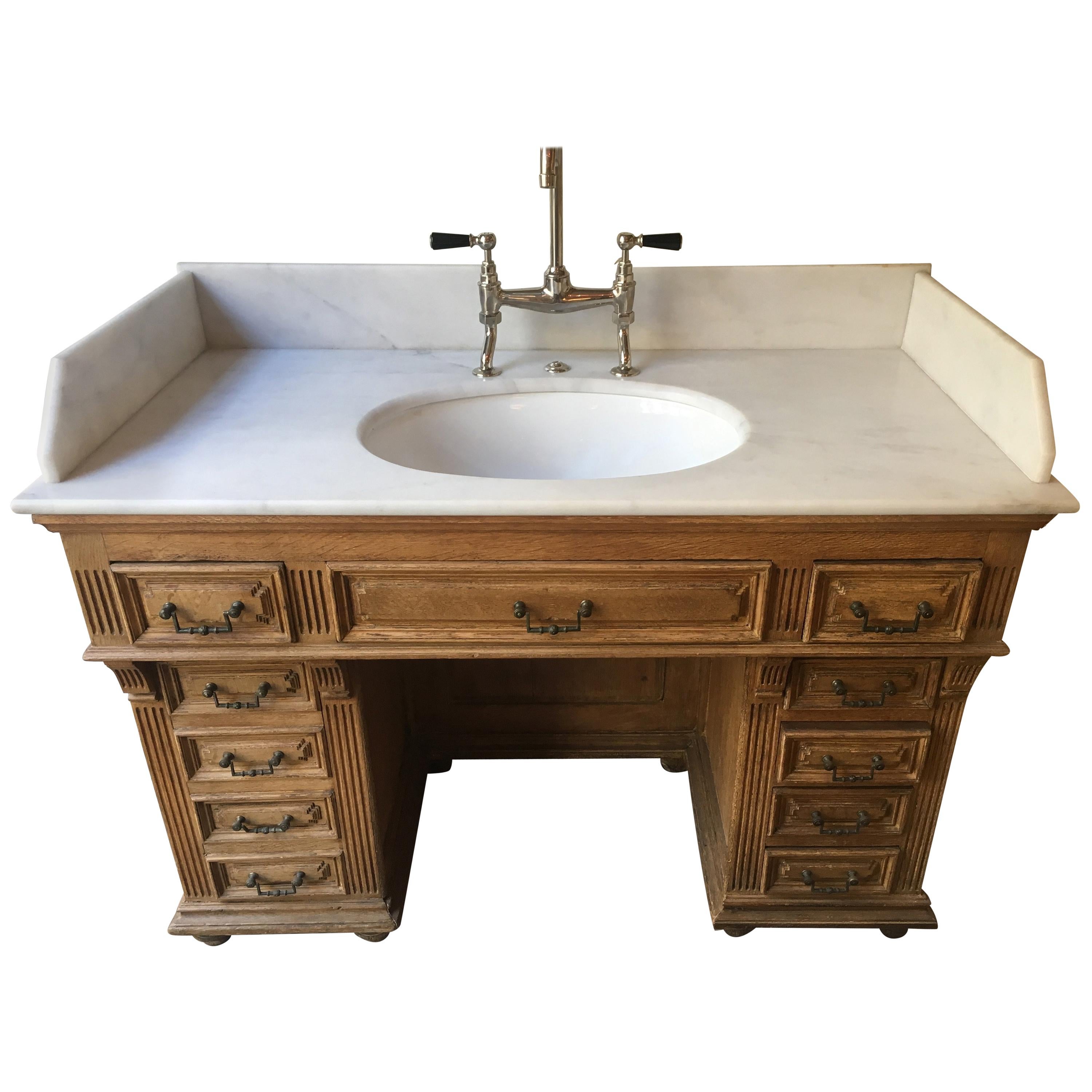 19th Century French Oak Cupboard Sink with Drawers and Carrara Marble Top, 1890s