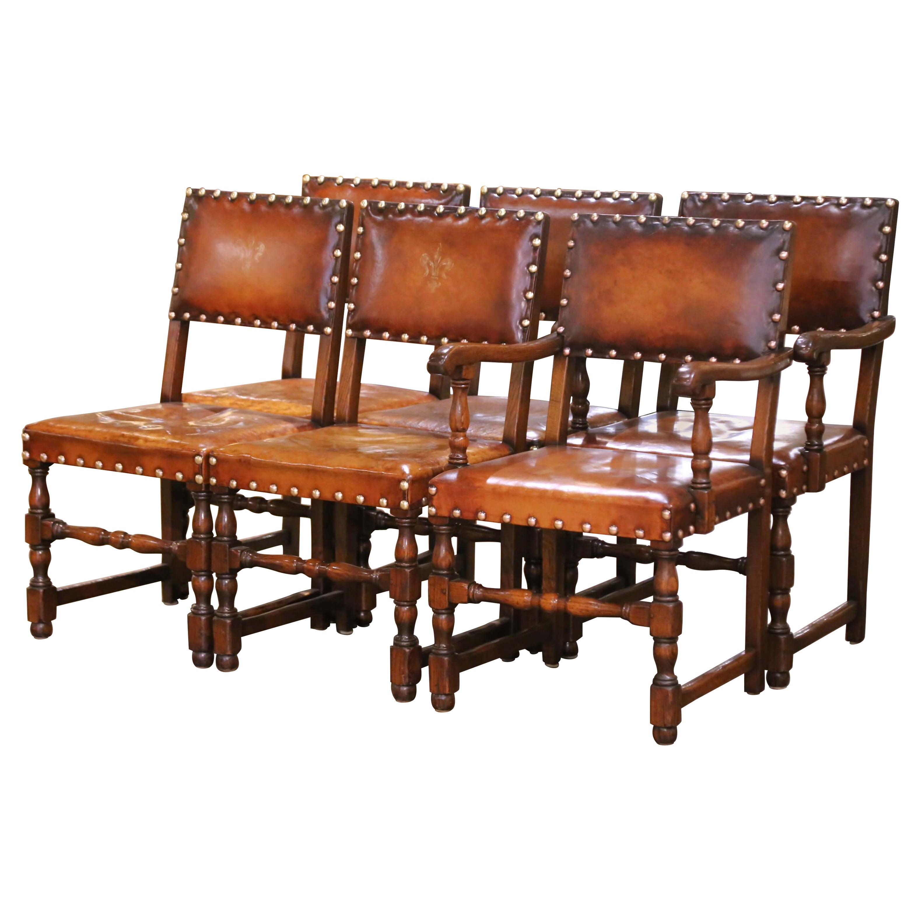 19th Century French Oak Dining Chairs & Armchairs with Leather Seats, Set of 6