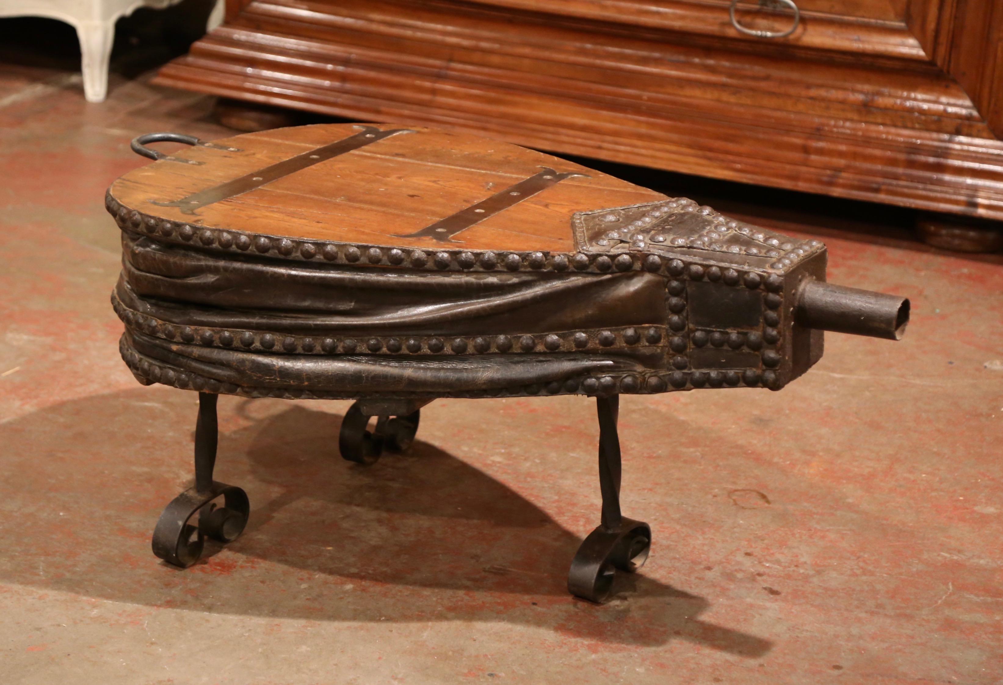 Rustic 19th Century French Oak, Iron and Leather Blacksmith Bellows Coffee Table