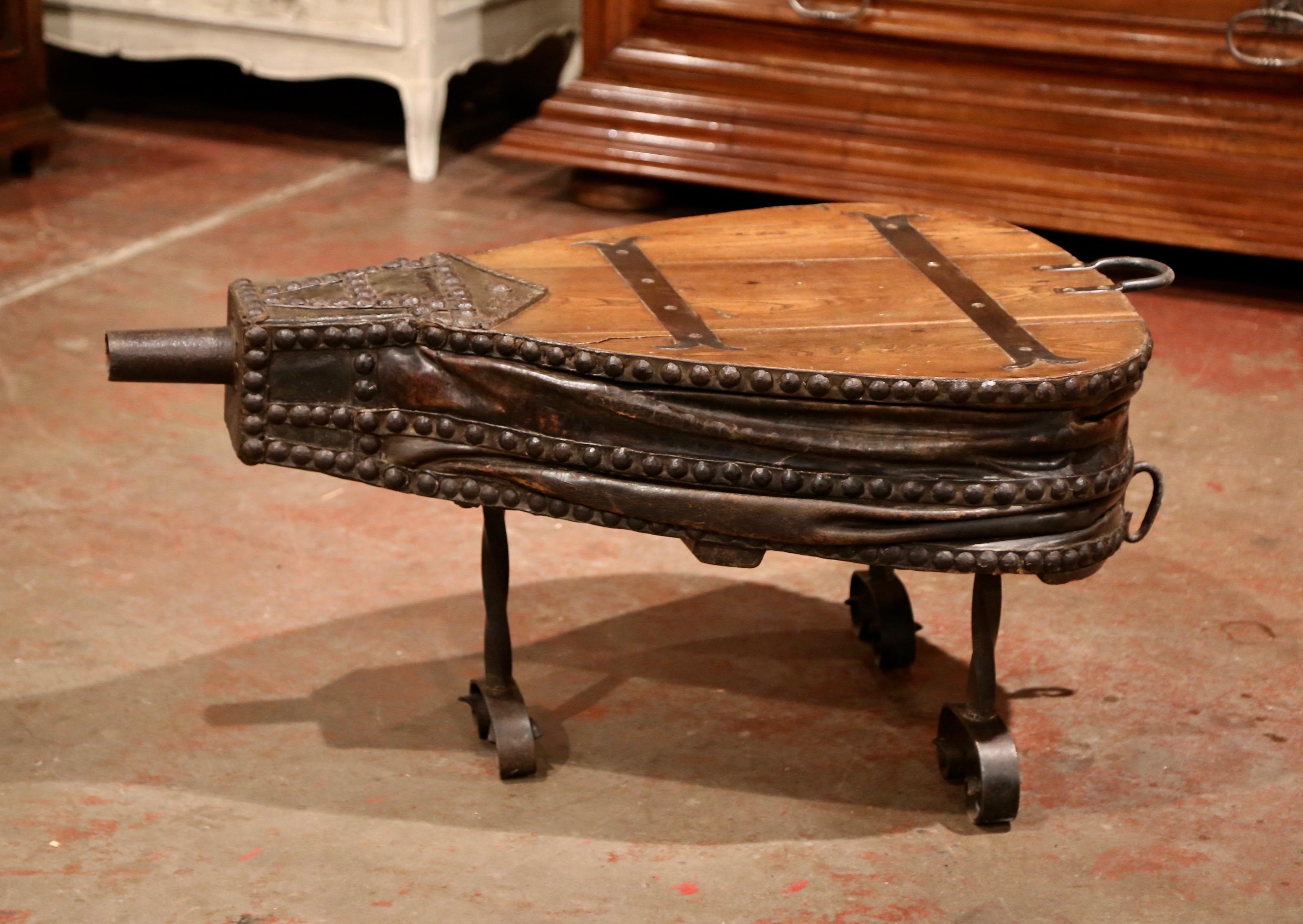 19th Century French Oak, Iron and Leather Blacksmith Bellows Coffee Table 1