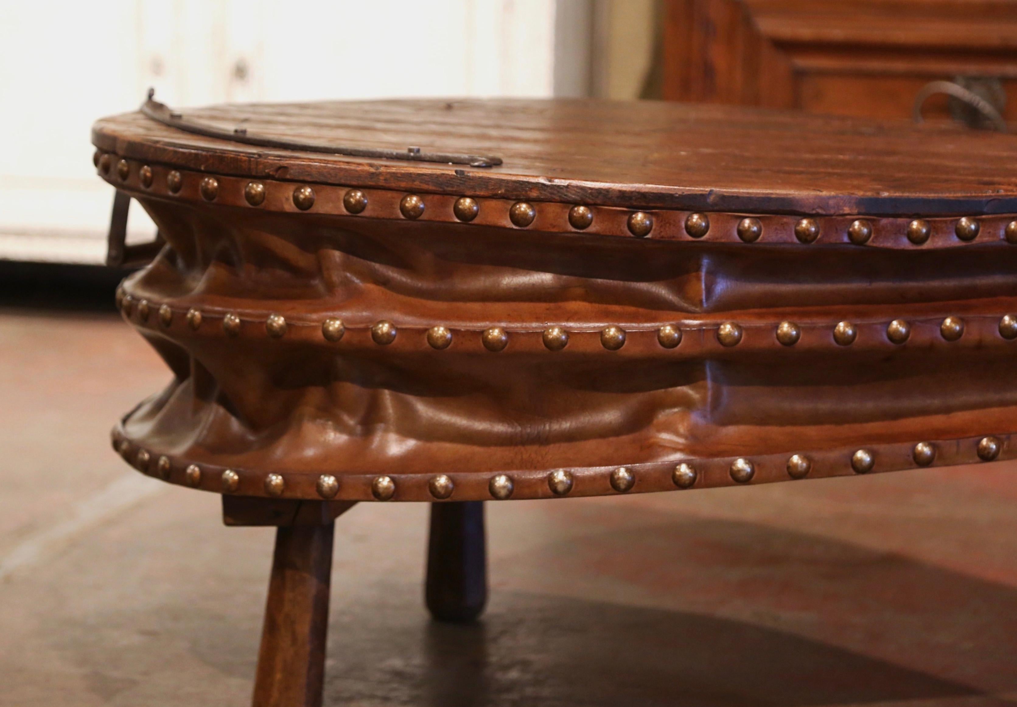 Hand-Carved 19th Century French Oak, Iron and Leather Blacksmith Bellows Coffee Table For Sale
