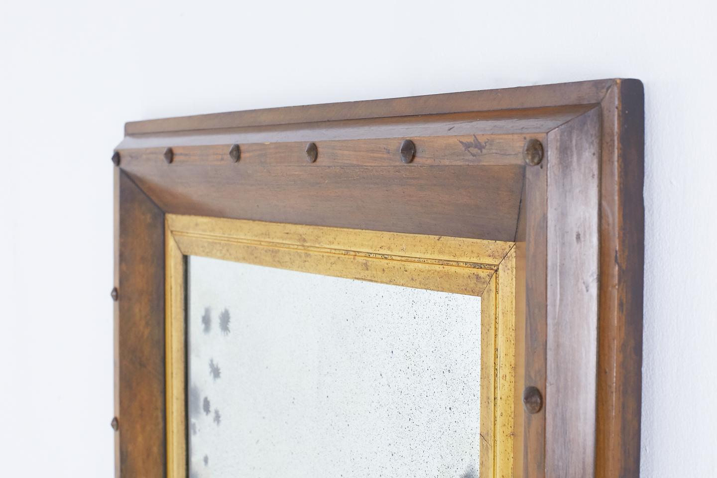 19th century French oak mirror with gilt banding. Replaced, aged glass. 

 