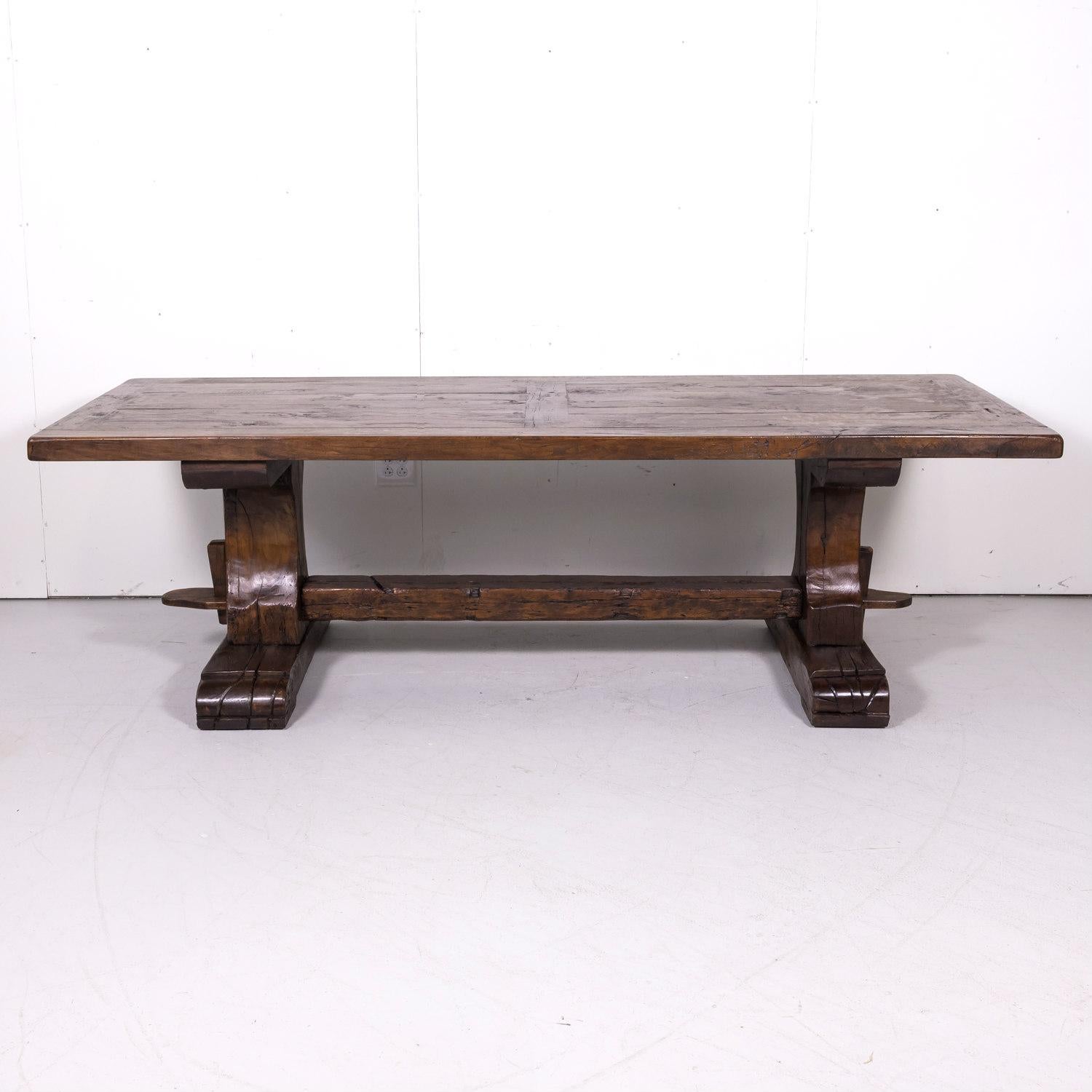 19th Century French Oak Monastery Trestle Dining Table In Good Condition In Birmingham, AL