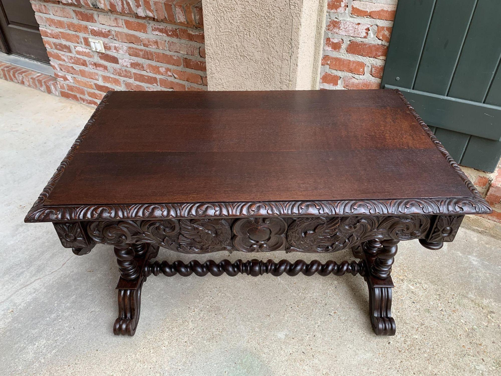 Antique French Console Sofa Table Carved Oak Barley Twist Desk Renaissance c1890 For Sale 5