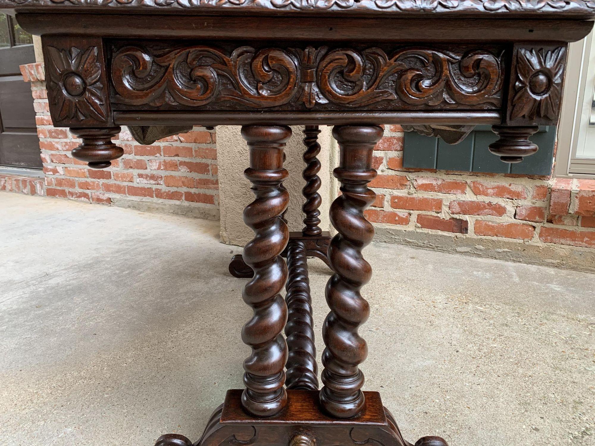 Antique French Console Sofa Table Carved Oak Barley Twist Desk Renaissance c1890 For Sale 9