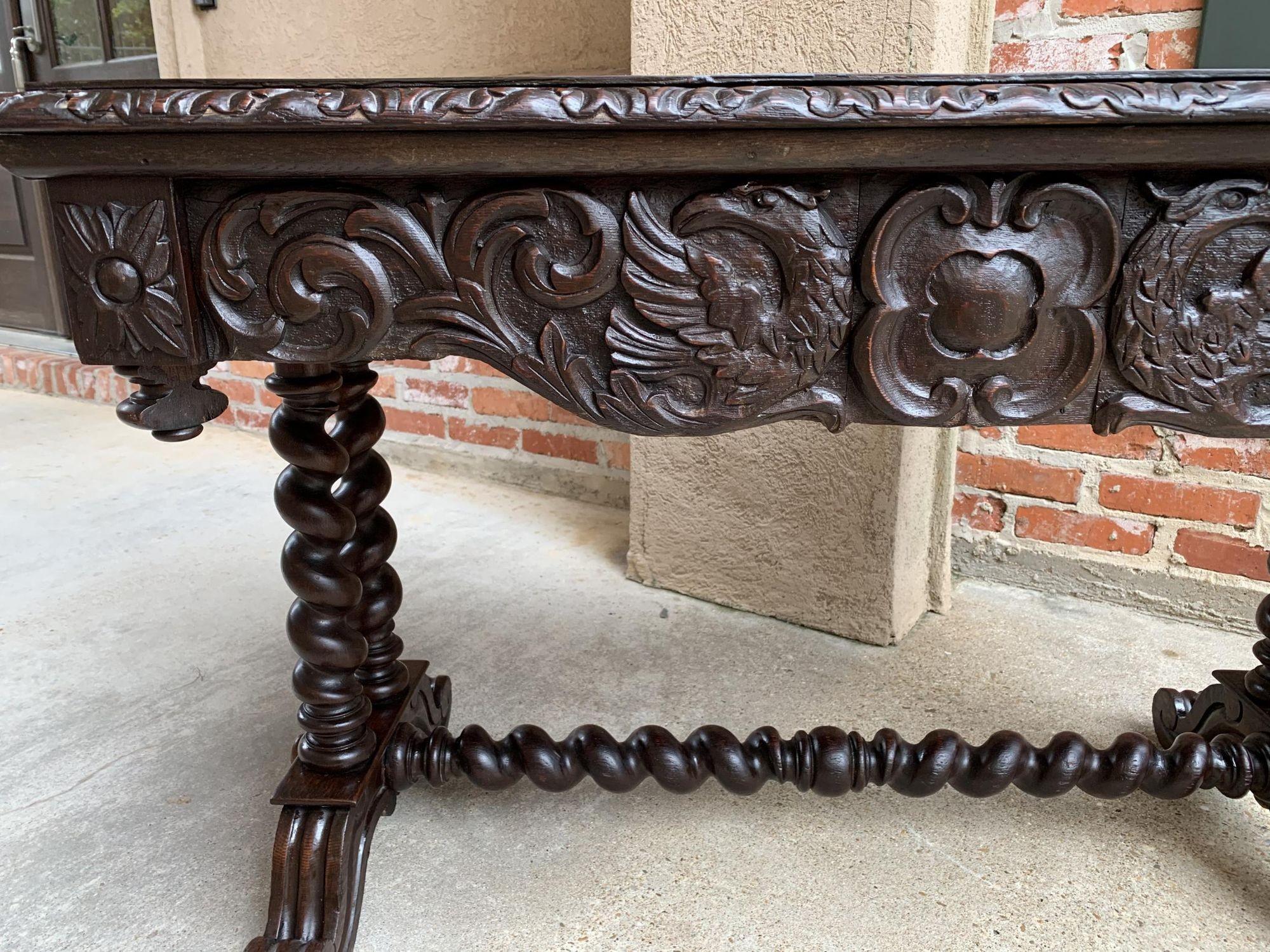 Antique French Console Sofa Table Carved Oak Barley Twist Desk Renaissance c1890 For Sale 10