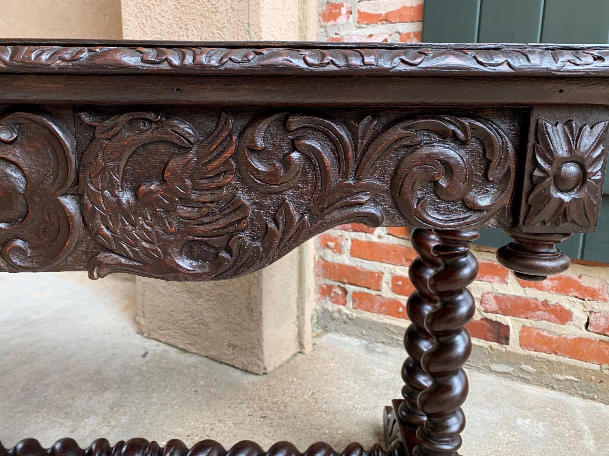 Antique French Console Sofa Table Carved Oak Barley Twist Desk Renaissance c1890 For Sale 11