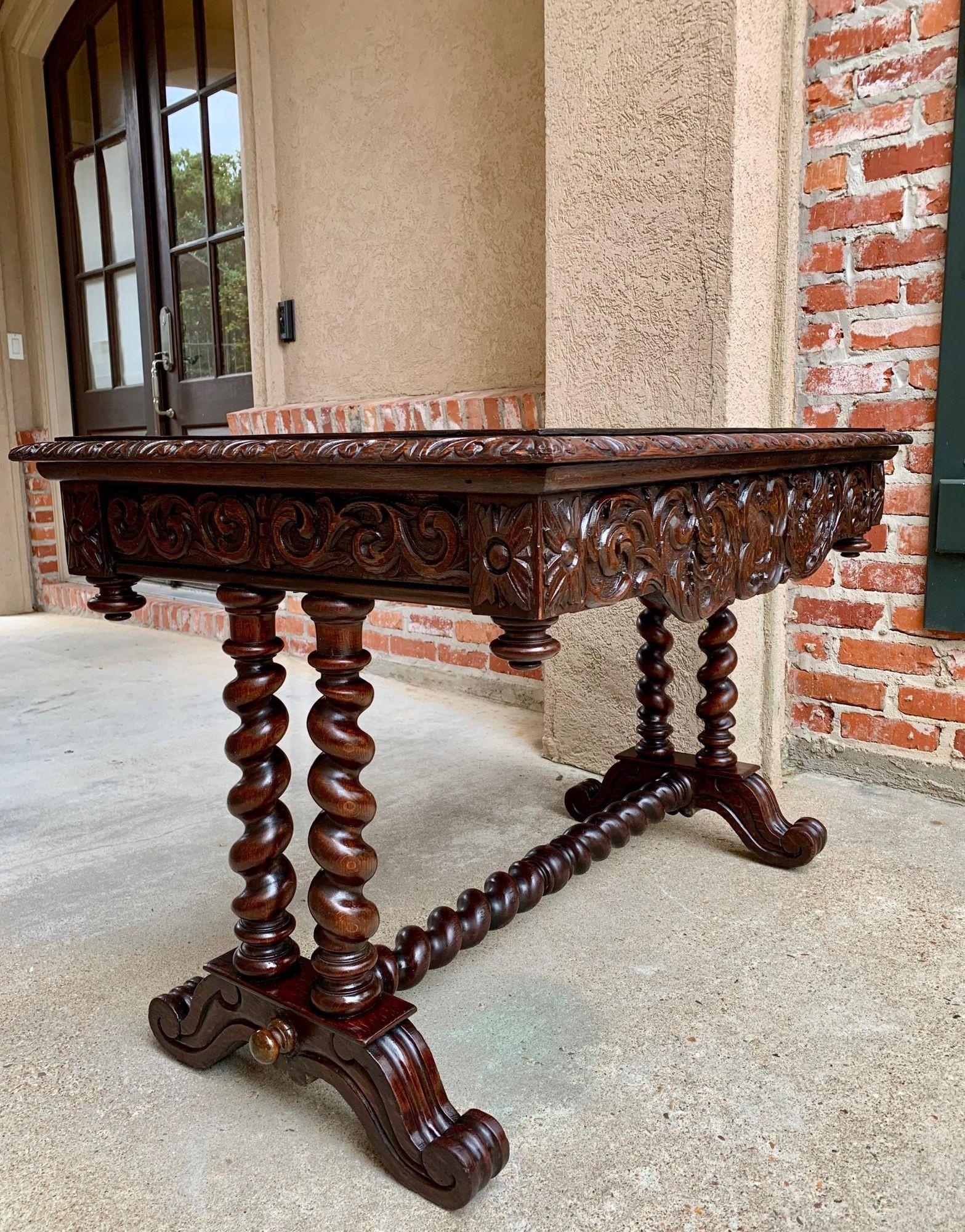 Louis XIII Antique French Console Sofa Table Carved Oak Barley Twist Desk Renaissance c1890 For Sale