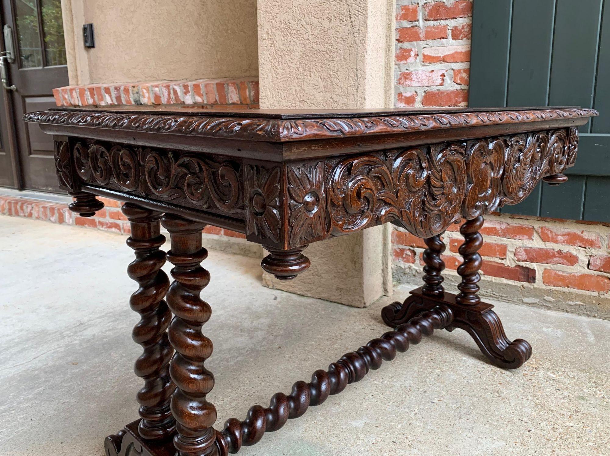 Hand-Carved Antique French Console Sofa Table Carved Oak Barley Twist Desk Renaissance c1890 For Sale