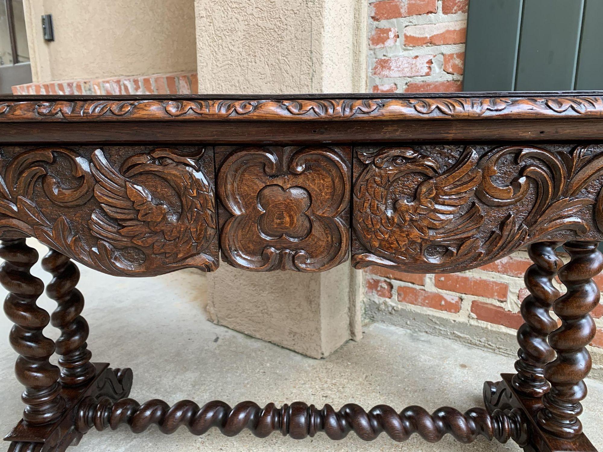 Antique French Console Sofa Table Carved Oak Barley Twist Desk Renaissance c1890 In Good Condition For Sale In Shreveport, LA