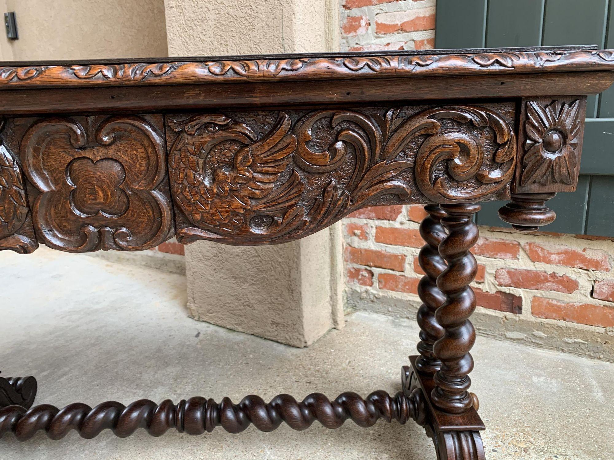 19th Century Antique French Console Sofa Table Carved Oak Barley Twist Desk Renaissance c1890 For Sale