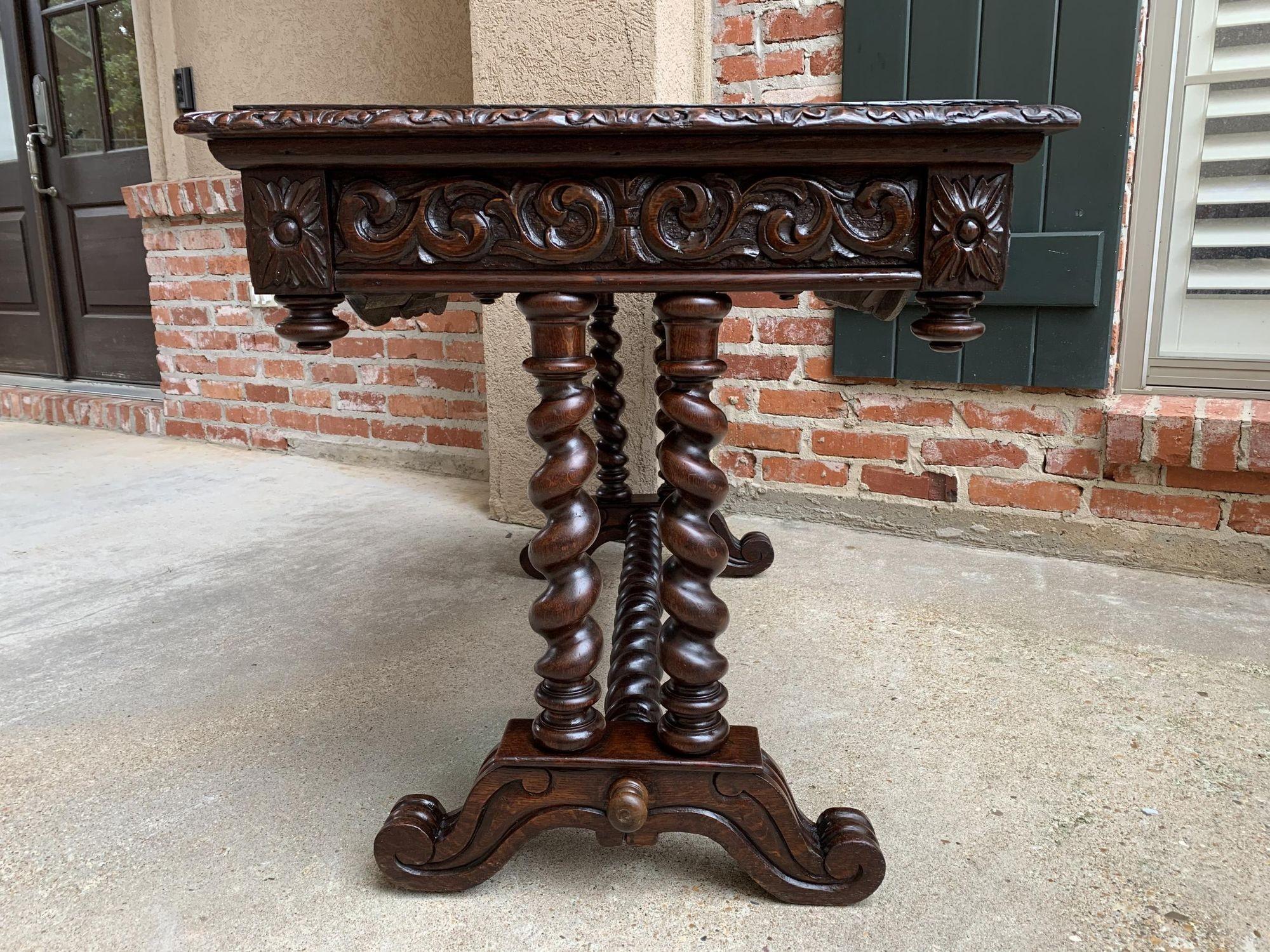 Antique French Console Sofa Table Carved Oak Barley Twist Desk Renaissance c1890 For Sale 2