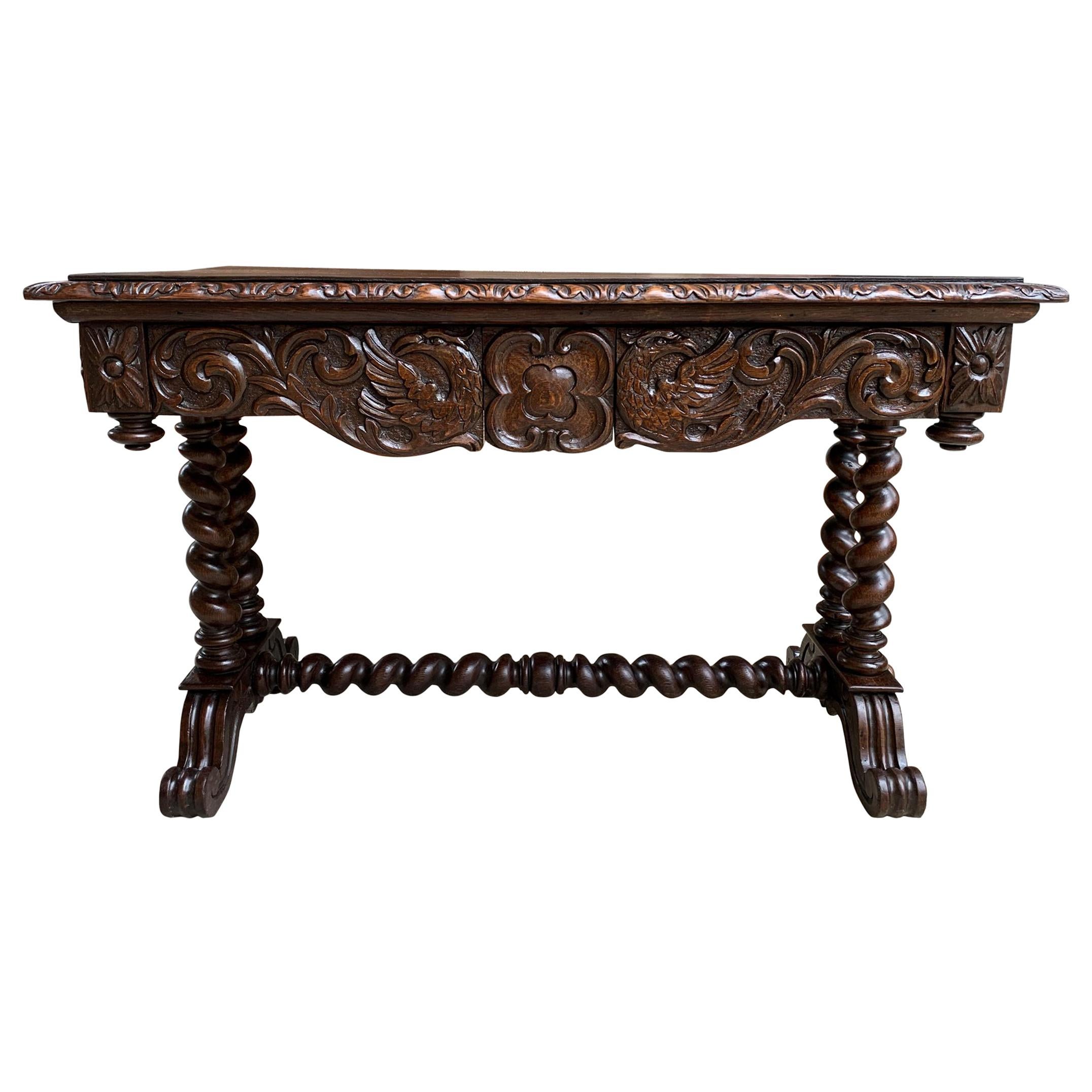 19th Century French Oak Library Desk Console Sofa Table Barley Twist Louis XIII