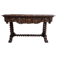 Antique French Console Sofa Table Carved Oak Barley Twist Desk Renaissance c1890