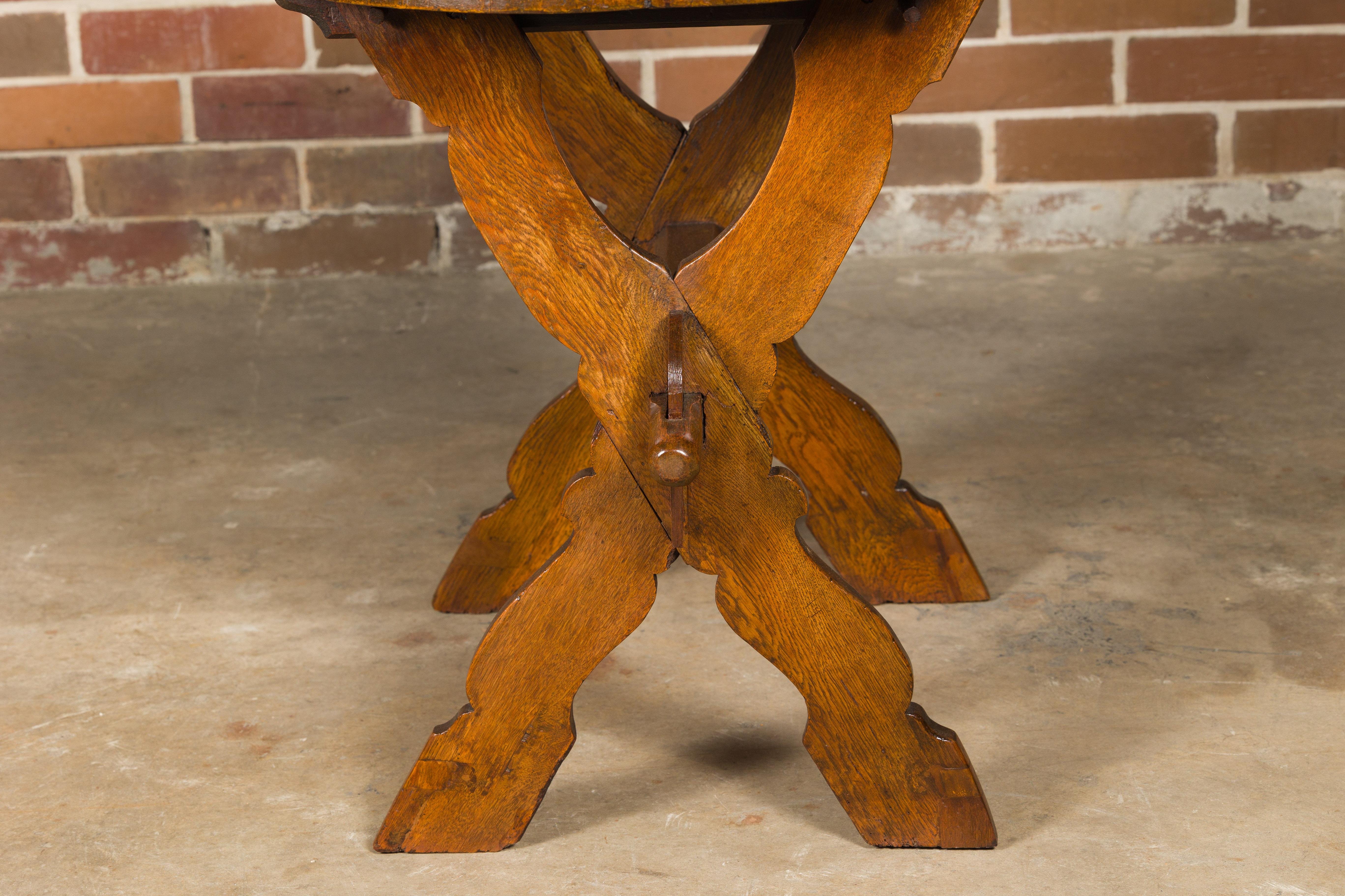 19th Century French Oak Oval Top Trestle Side Table with X-Form Carved Base For Sale 8