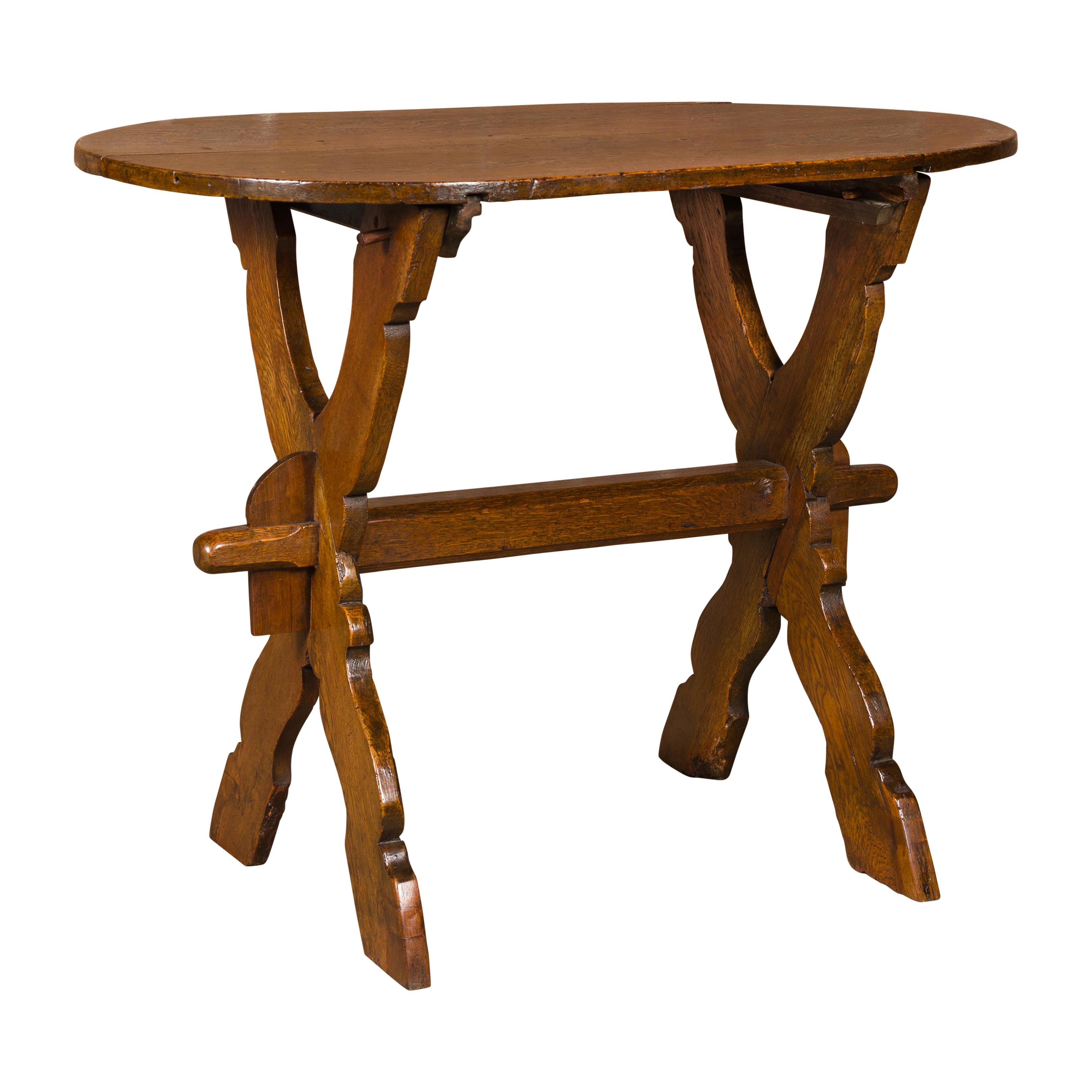 19th Century French Oak Oval Top Trestle Side Table with X-Form Carved Base For Sale 10