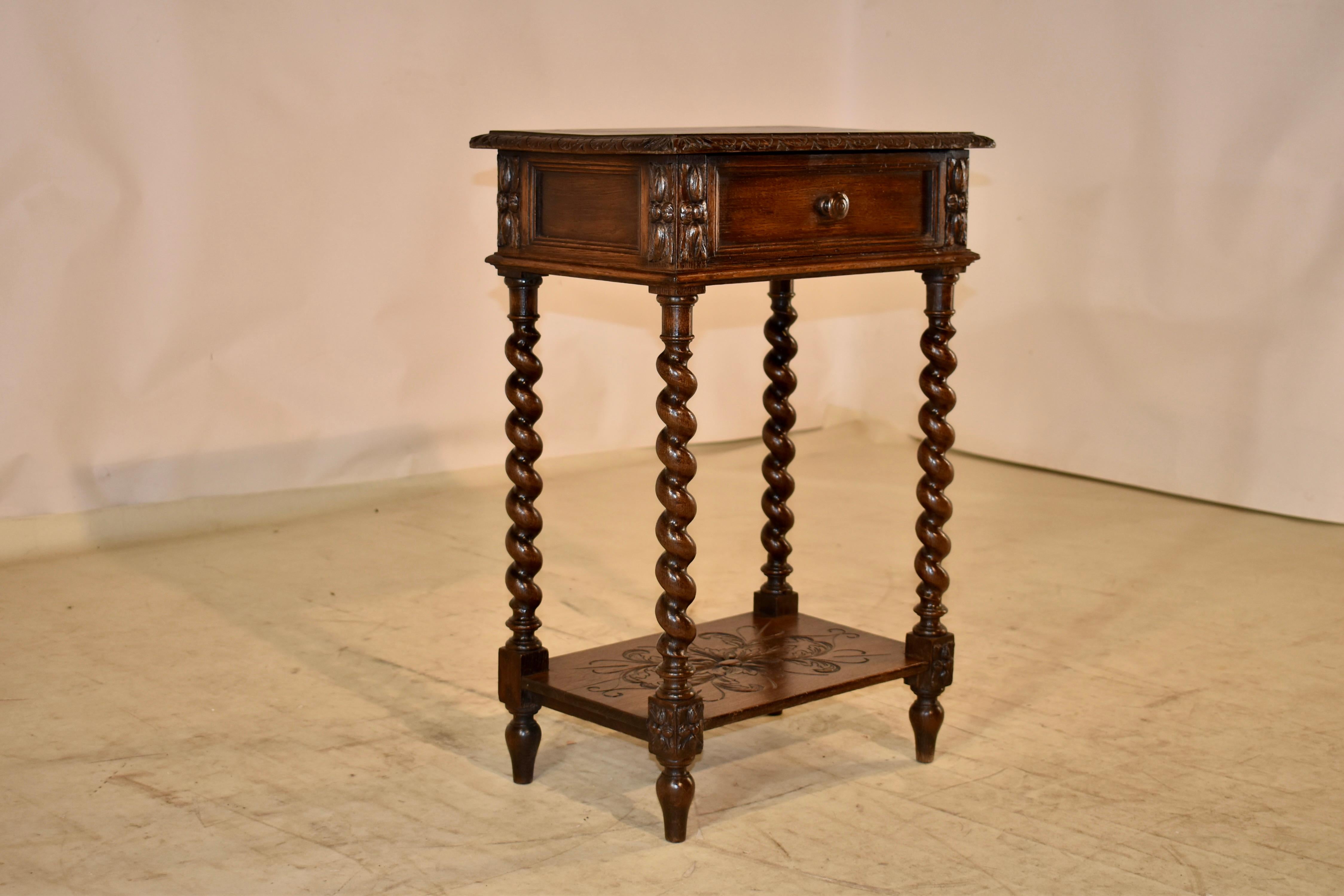 Hand-Carved 19th Century French Oak Side Table with Drawer
