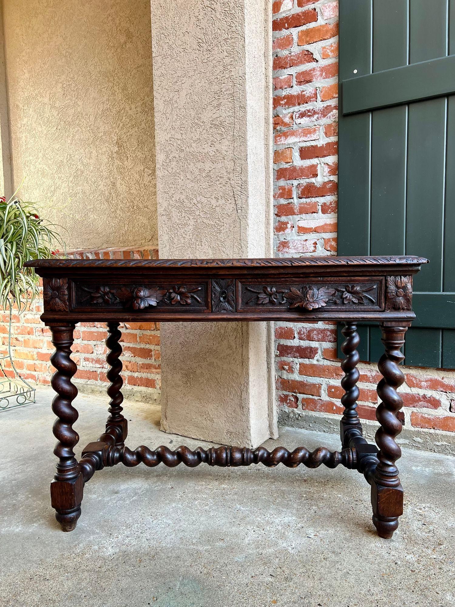 19th century French Oak Sofa Table Writing Desk Carved Black Forest Barley Twist.

 Direct from France, a lovely antique French writing desk or sofa table in a very versatile size with elegant features!!
Large, lovely barley twist legs as well as