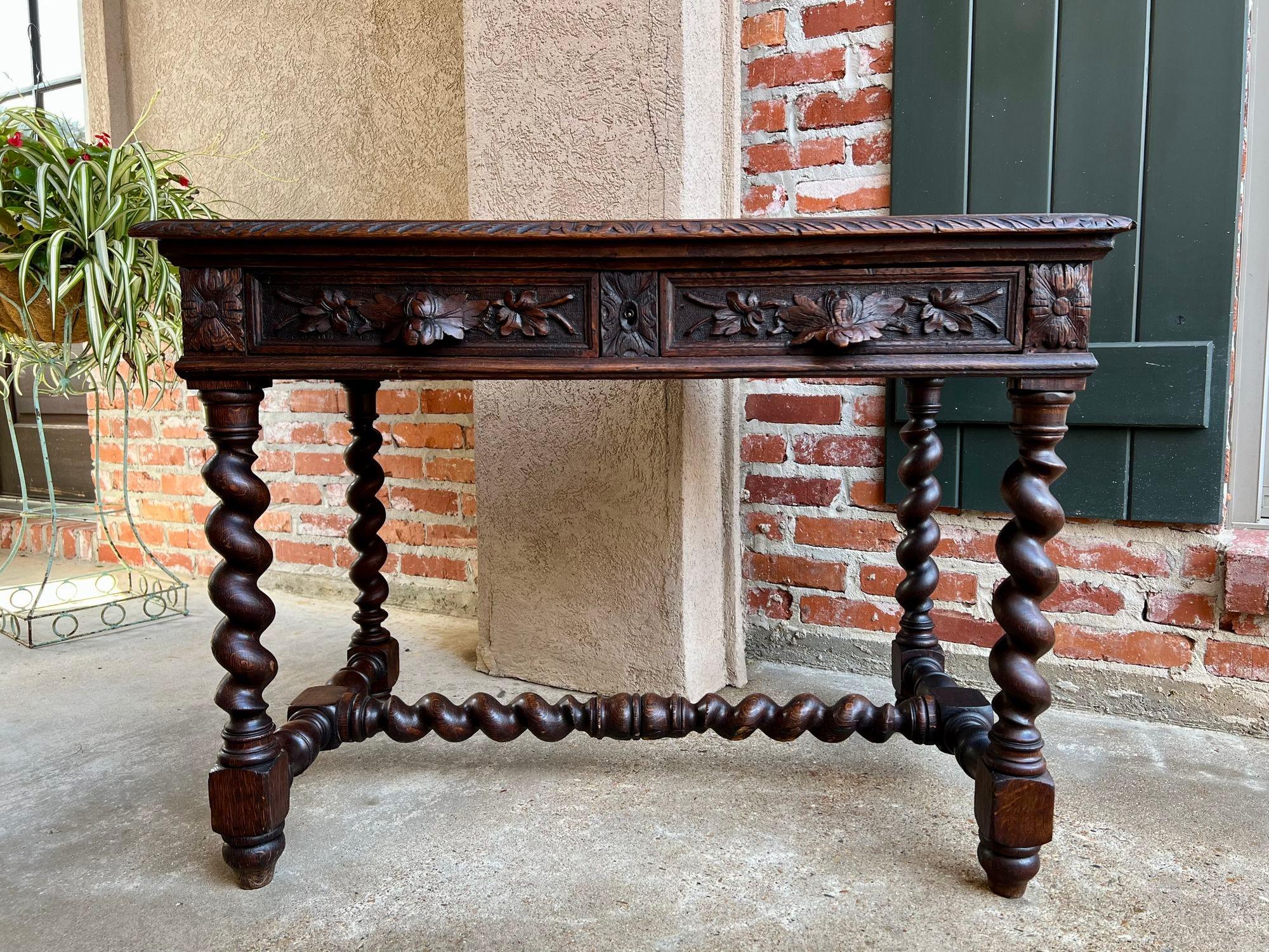 French Provincial 19th century French Oak Sofa Table Writing Desk Carved Black Forest Barley Twist