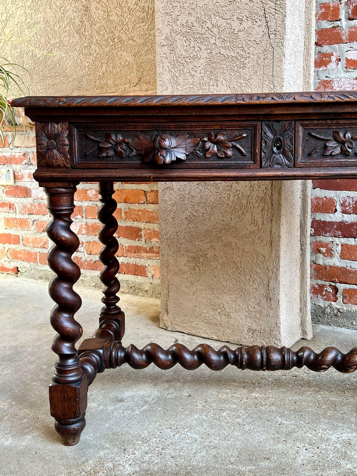 19th century French Oak Sofa Table Writing Desk Carved Black Forest Barley Twist In Good Condition In Shreveport, LA