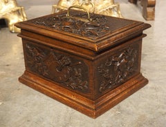 19th Century French Oak Table Coffret Box with Relief Trophy Carvings