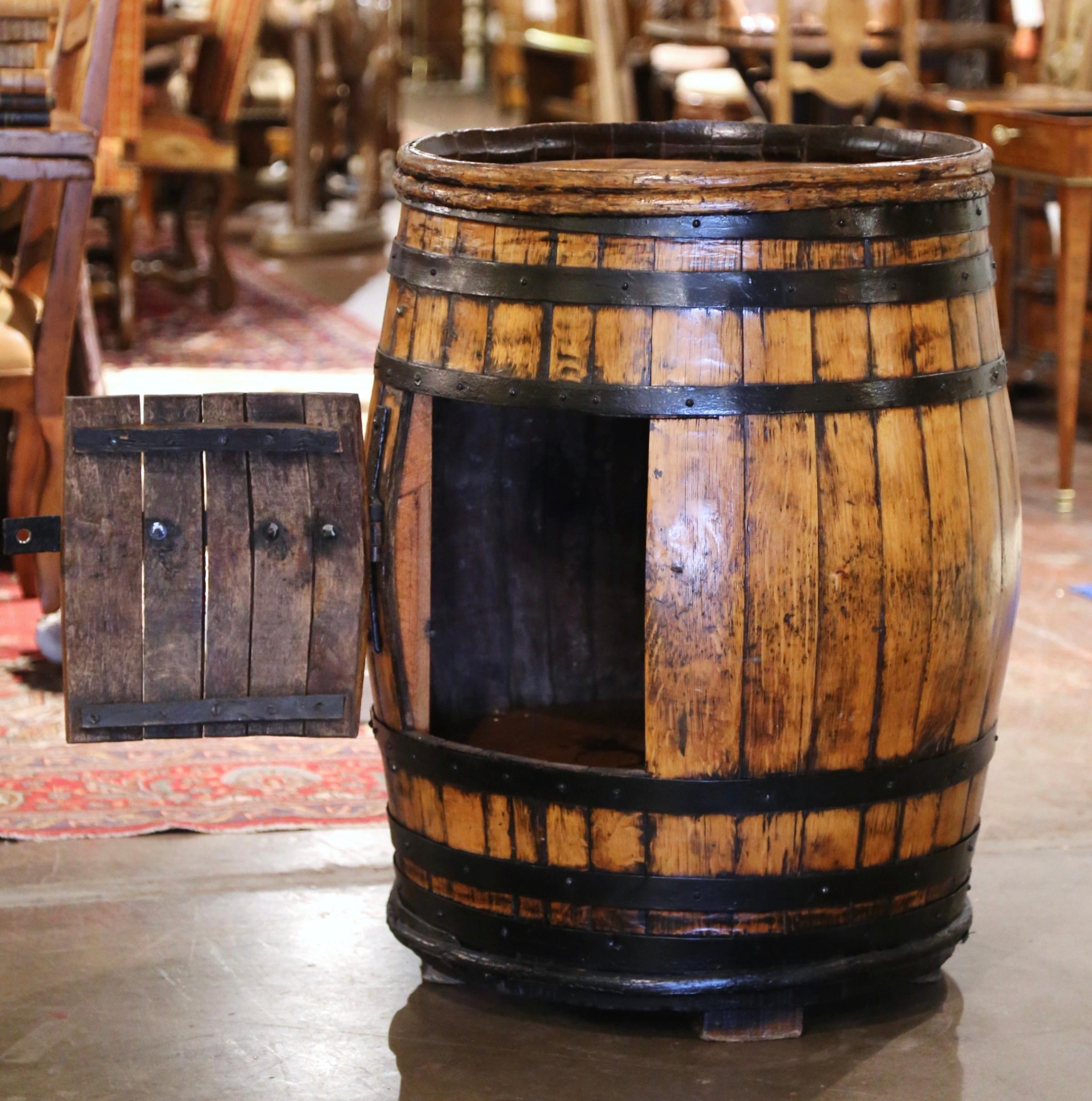 Metal 19th Century French Oak Wine Barrel Converted to Bar For Sale