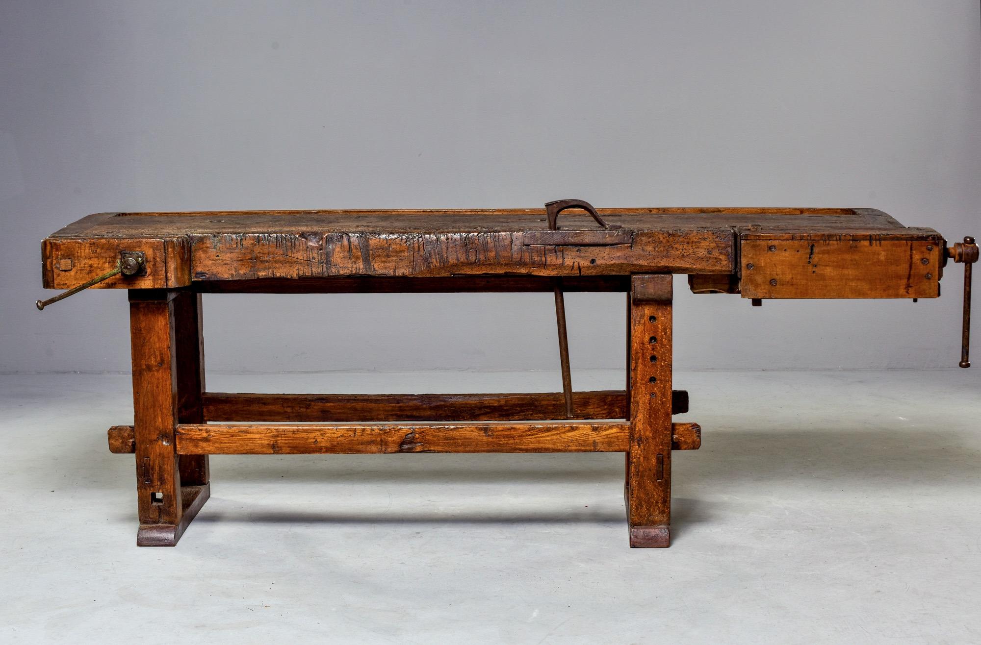19th Century French Oak Work Bench with Vise In Good Condition In Troy, MI