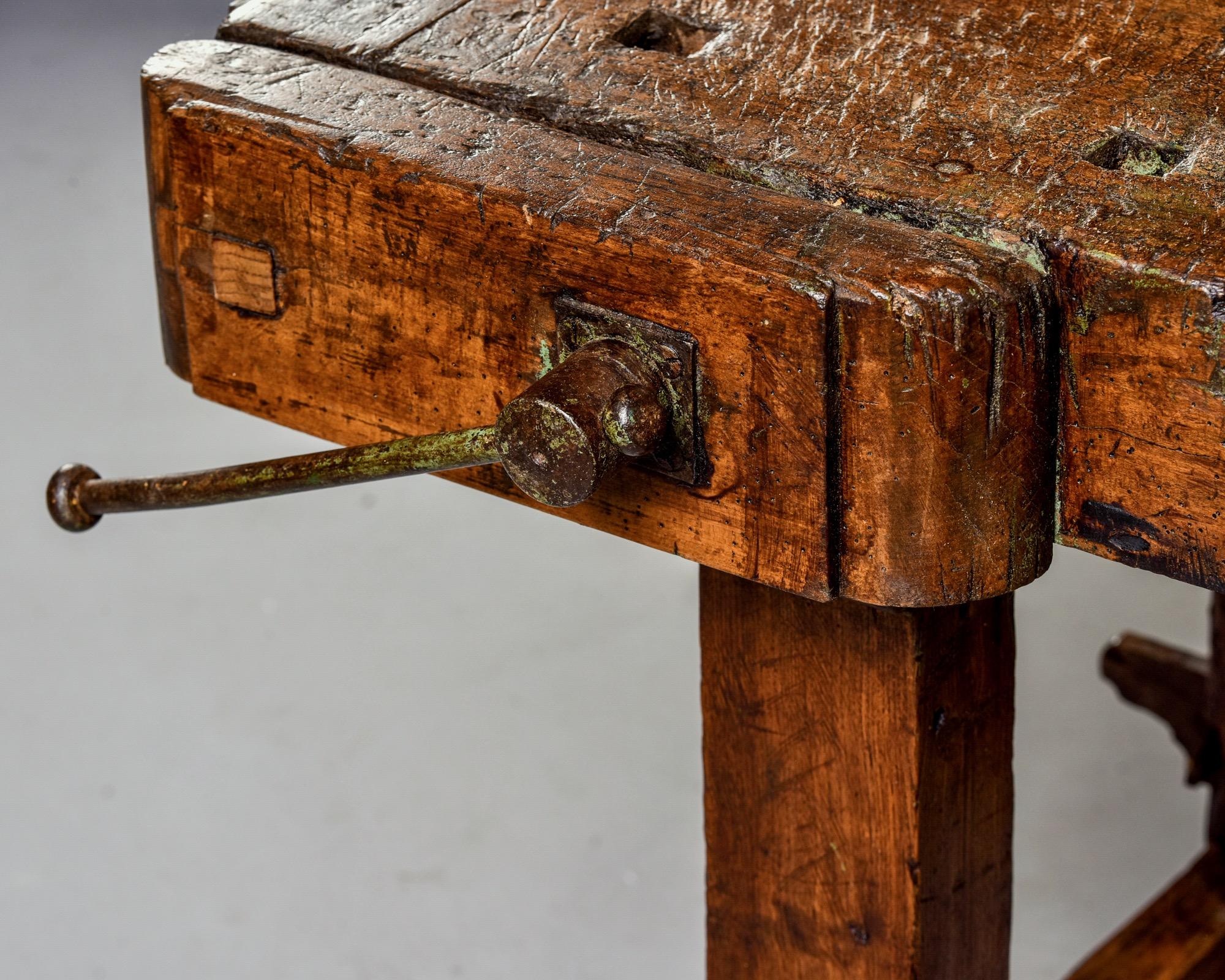 Iron 19th Century French Oak Work Bench with Vise