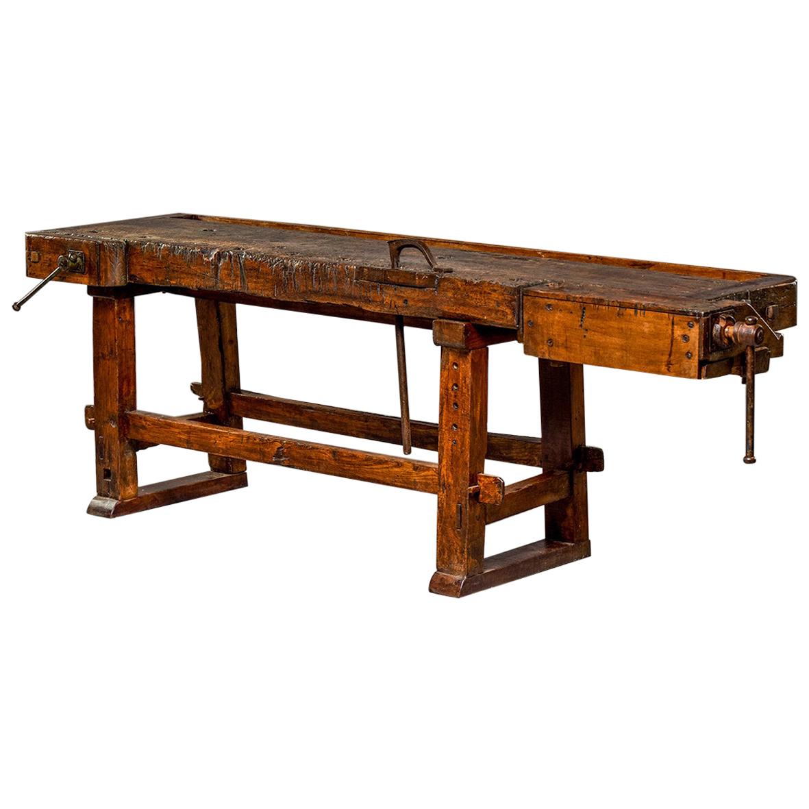 19th Century French Oak Work Bench with Vise