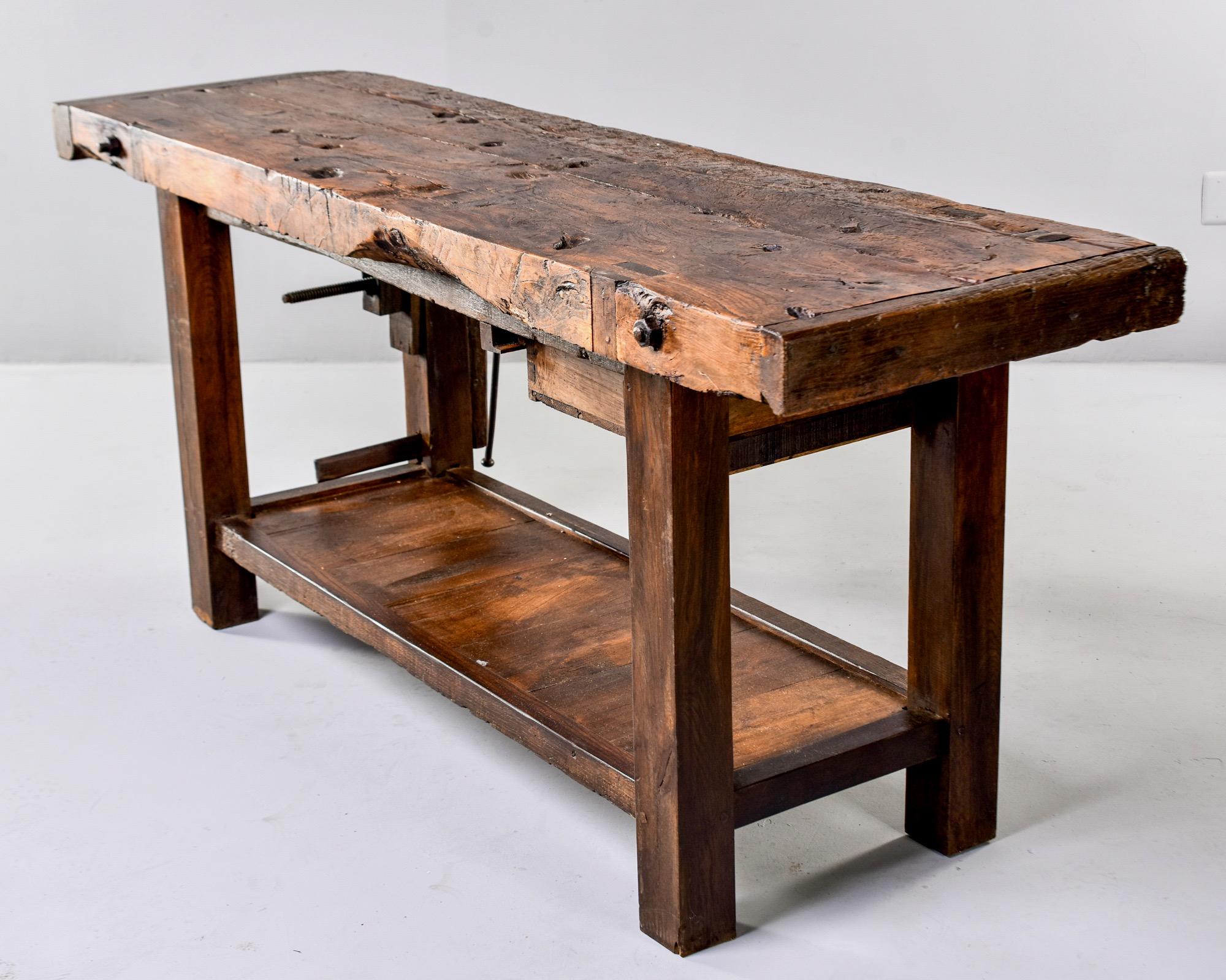 19th Century French Oak Workbench Table with Iron Vise 6