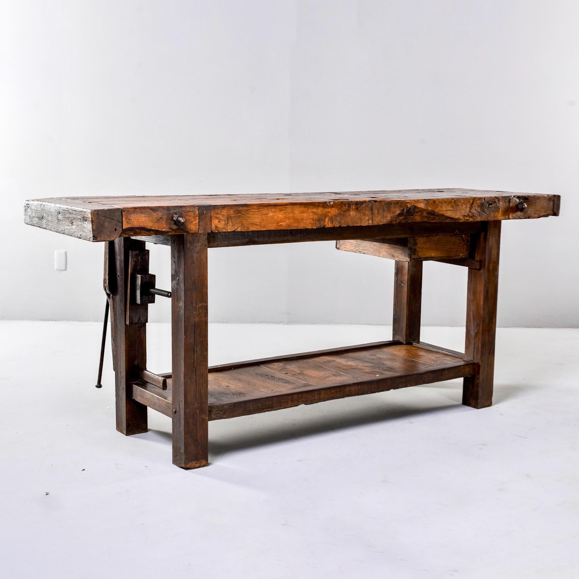 19th Century French Oak Workbench Table with Iron Vise 7