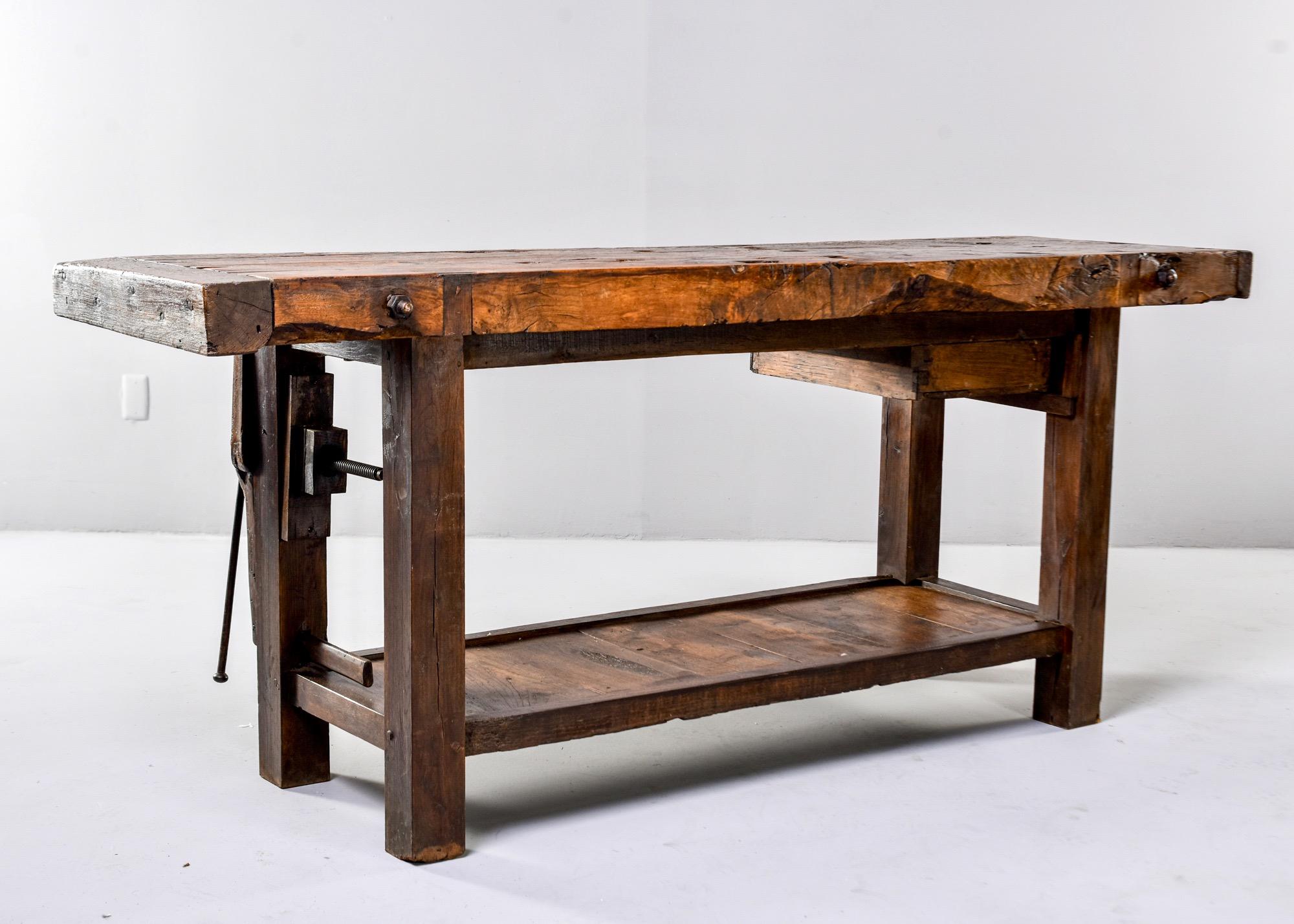 19th Century French Oak Workbench Table with Iron Vise 8