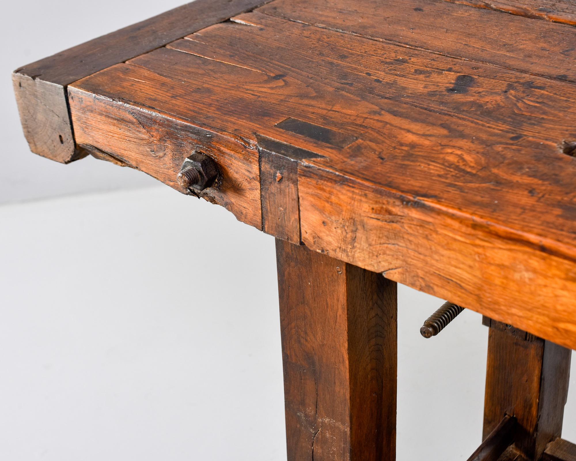 19th Century French Oak Workbench Table with Iron Vise 9