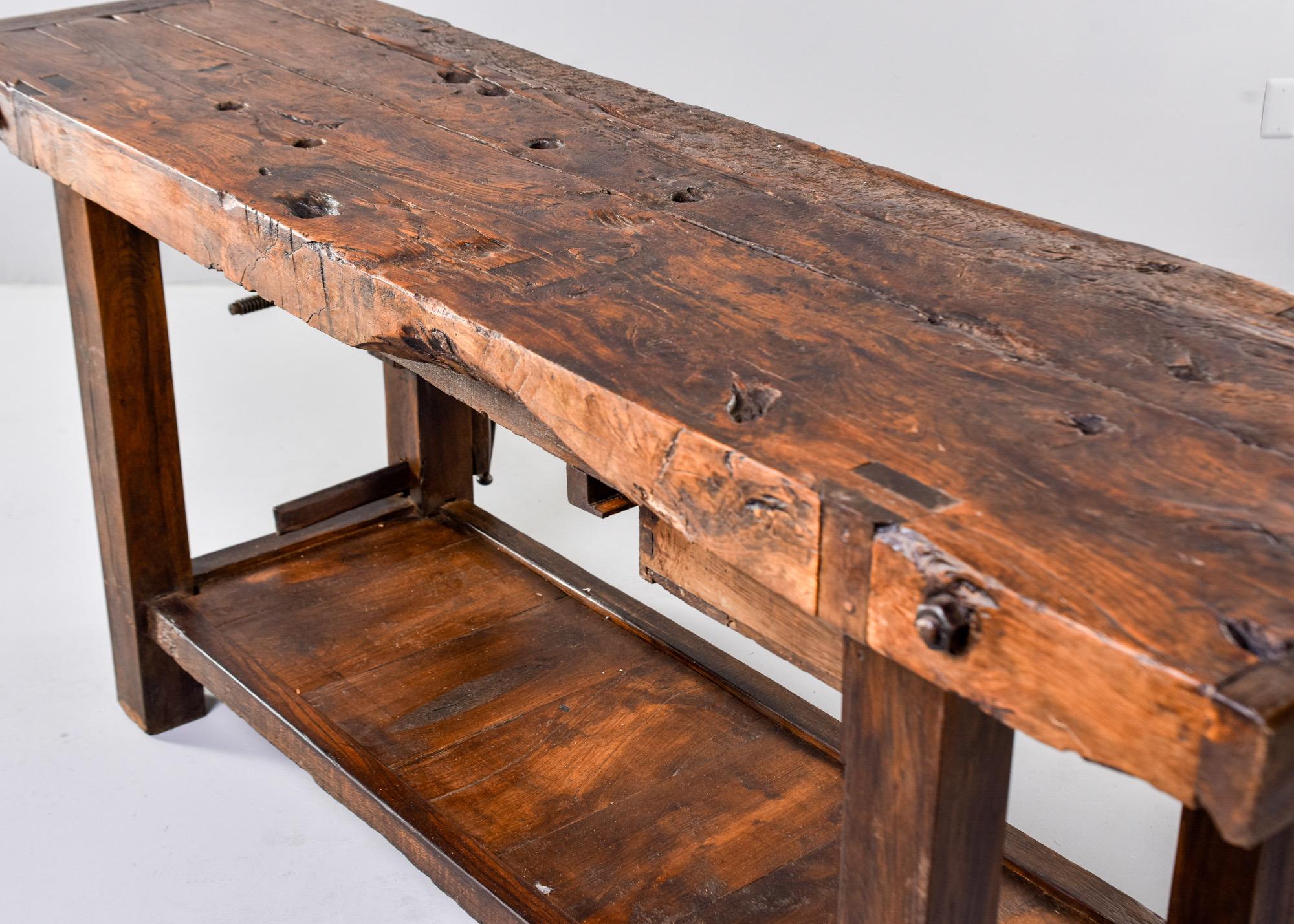 19th Century French Oak Workbench Table with Iron Vise 10