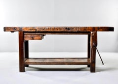 19th Century French Oak Workbench Table with Iron Vise