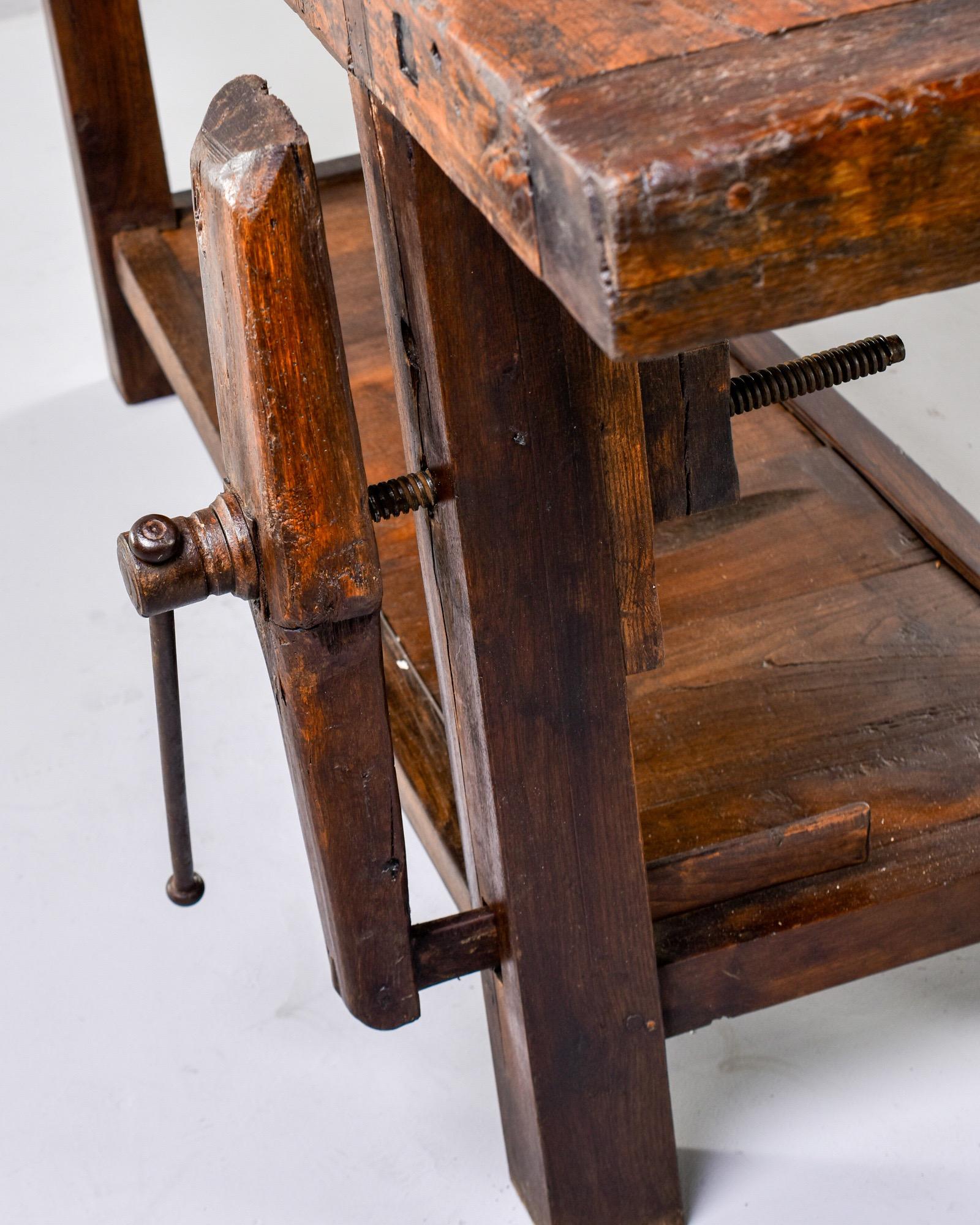 19th Century French Oak Workbench Table with Iron Vise In Good Condition In Troy, MI