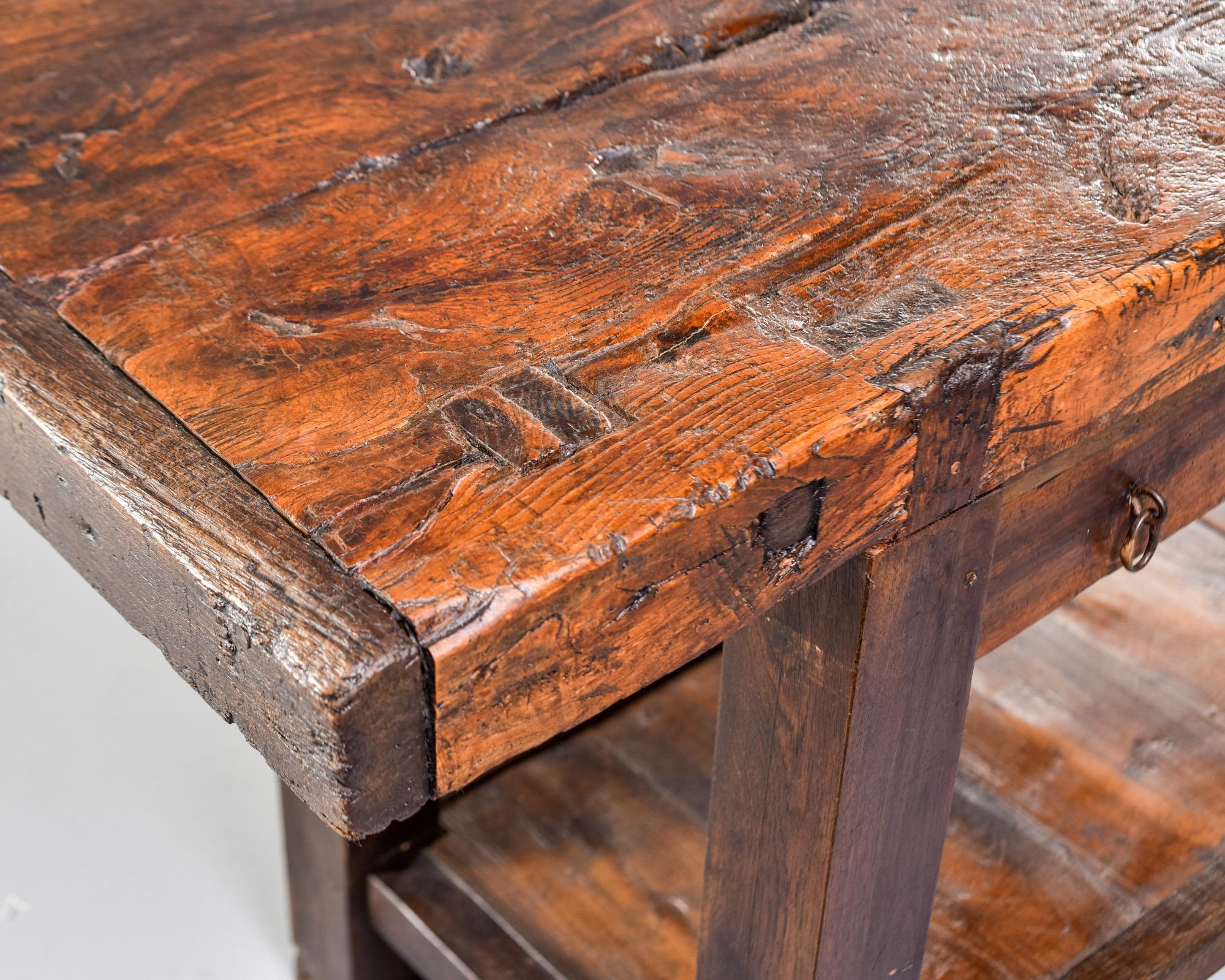 19th Century French Oak Workbench Table with Iron Vise 1