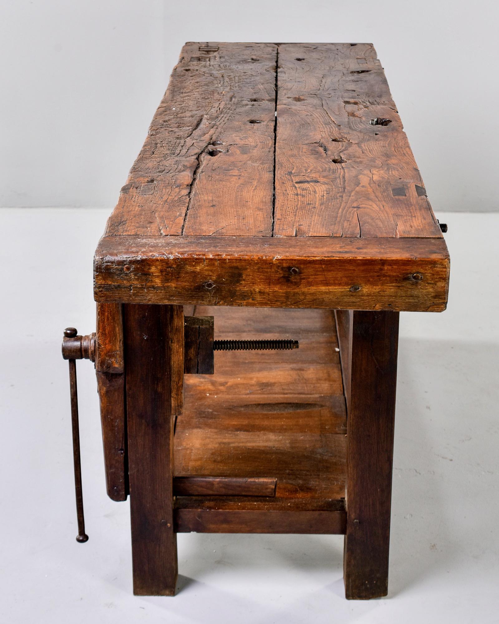 19th Century French Oak Workbench Table with Iron Vise 2