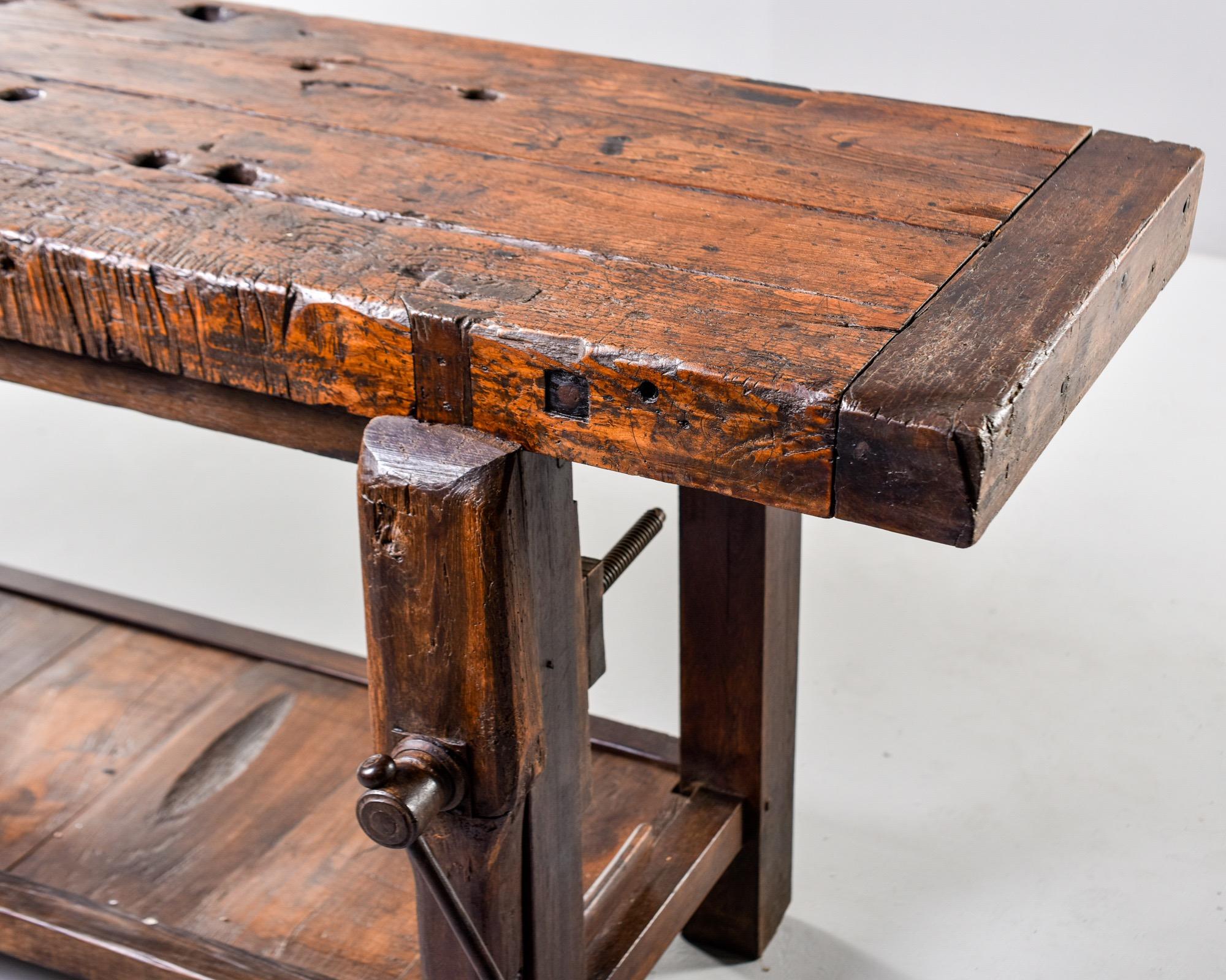 19th Century French Oak Workbench Table with Iron Vise 3
