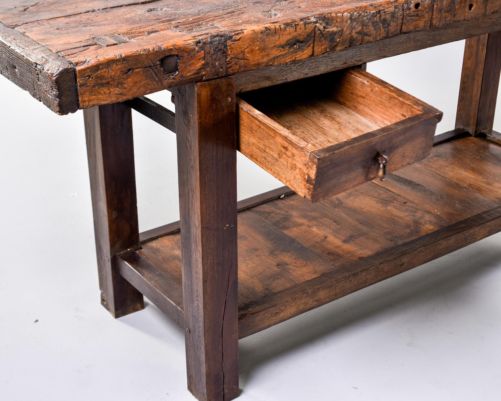 19th Century French Oak Workbench Table with Iron Vise 4