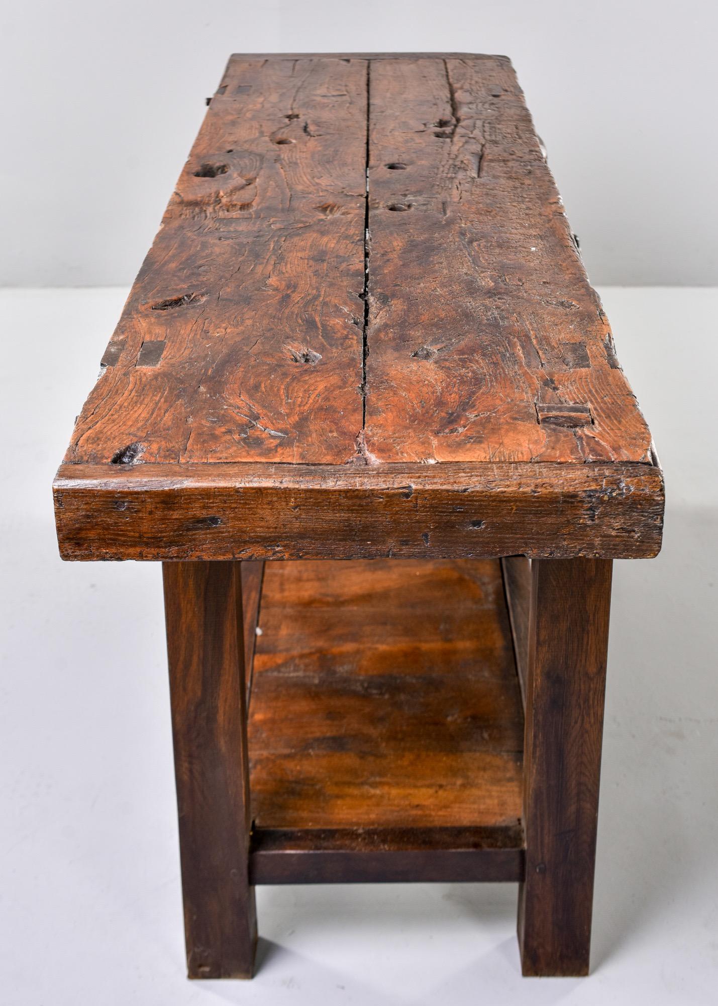 19th Century French Oak Workbench Table with Iron Vise 5