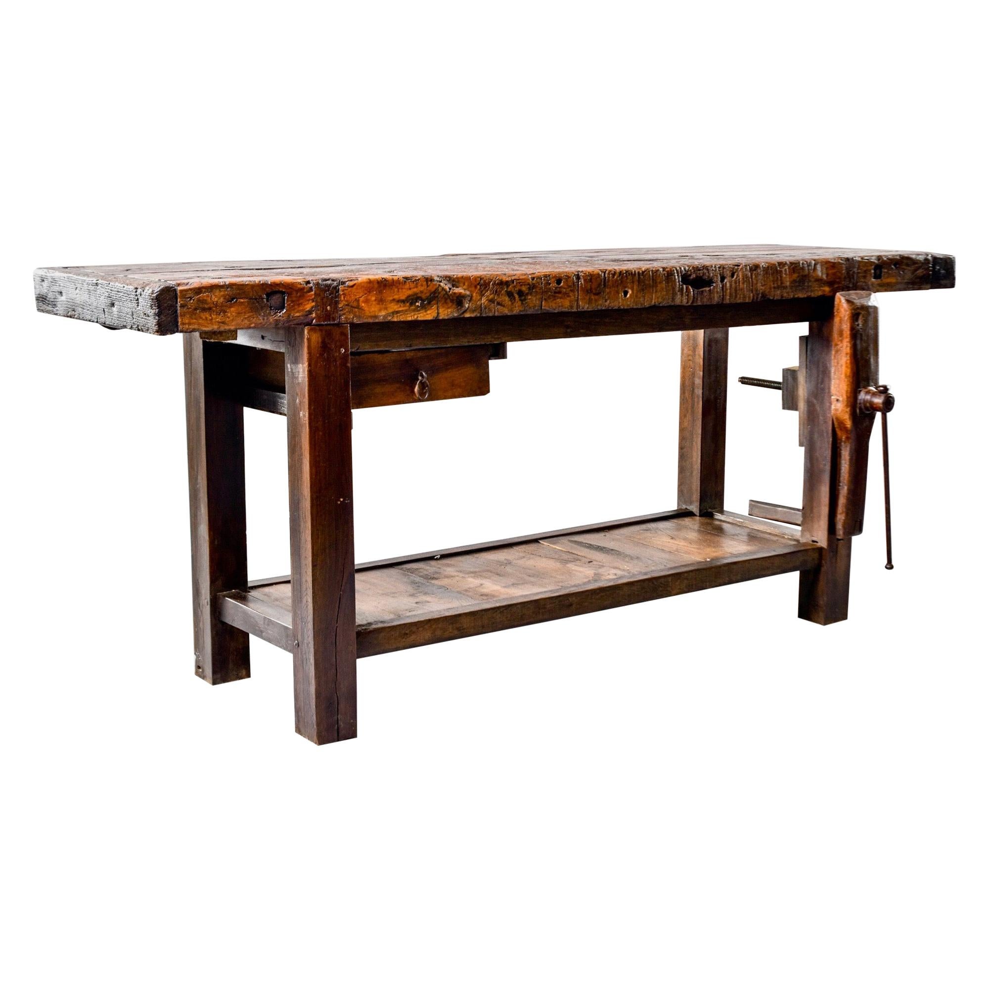 19th Century French Oak Workbench Table with Iron Vise