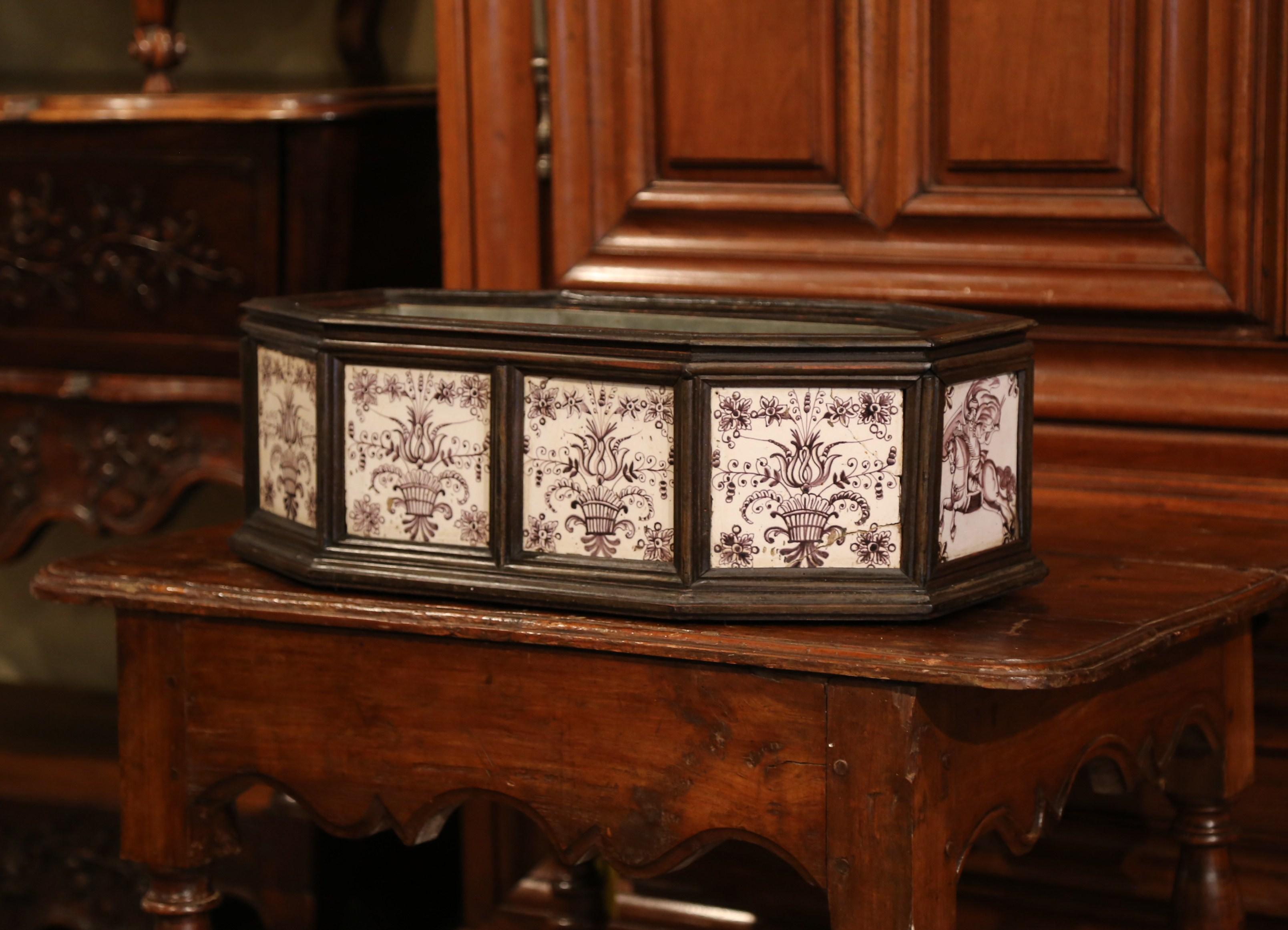 19th Century French Octagonal Carved Walnut and Painted Tile Jardinière 1