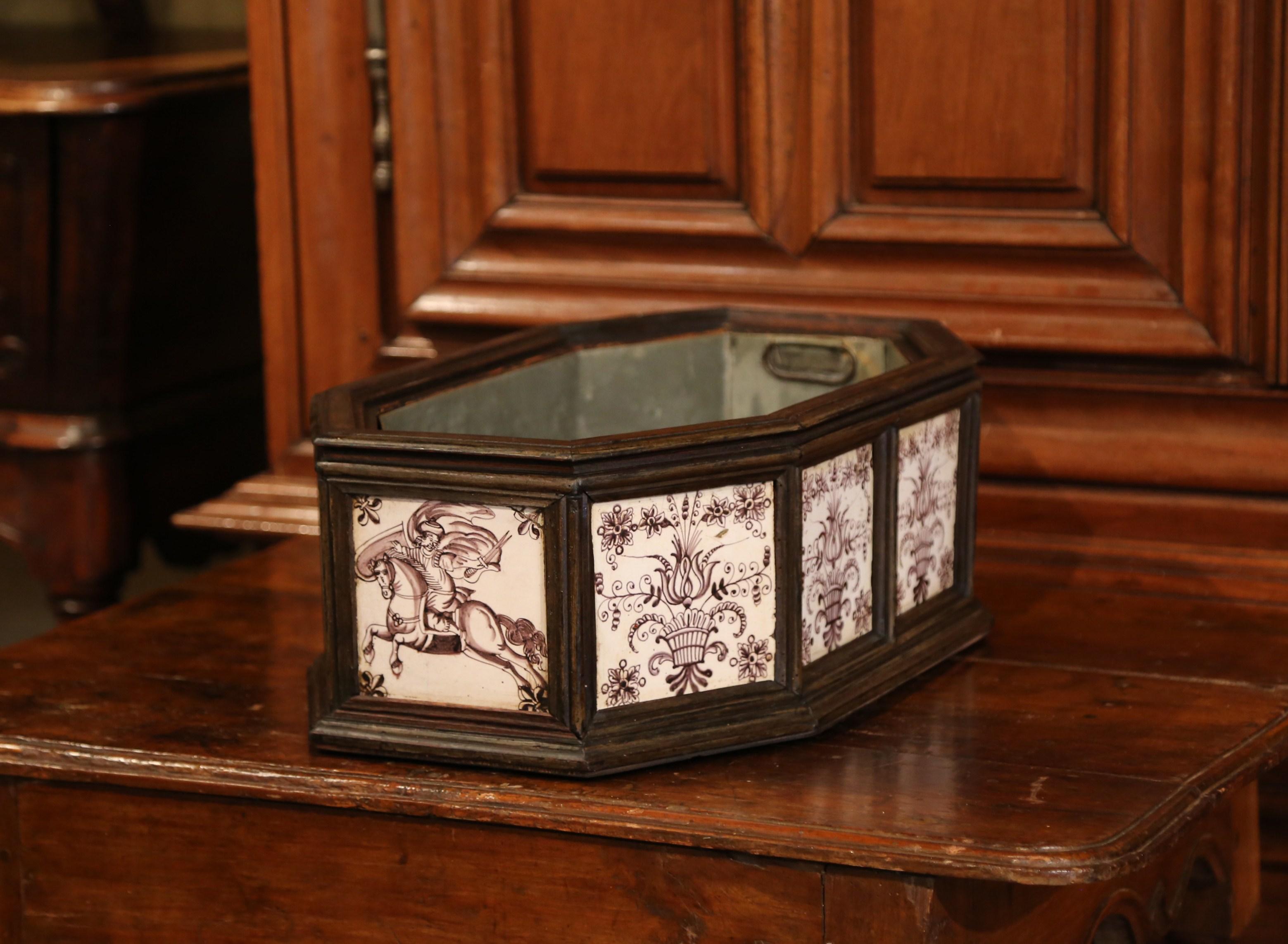 19th Century French Octagonal Carved Walnut and Painted Tile Jardinière 2