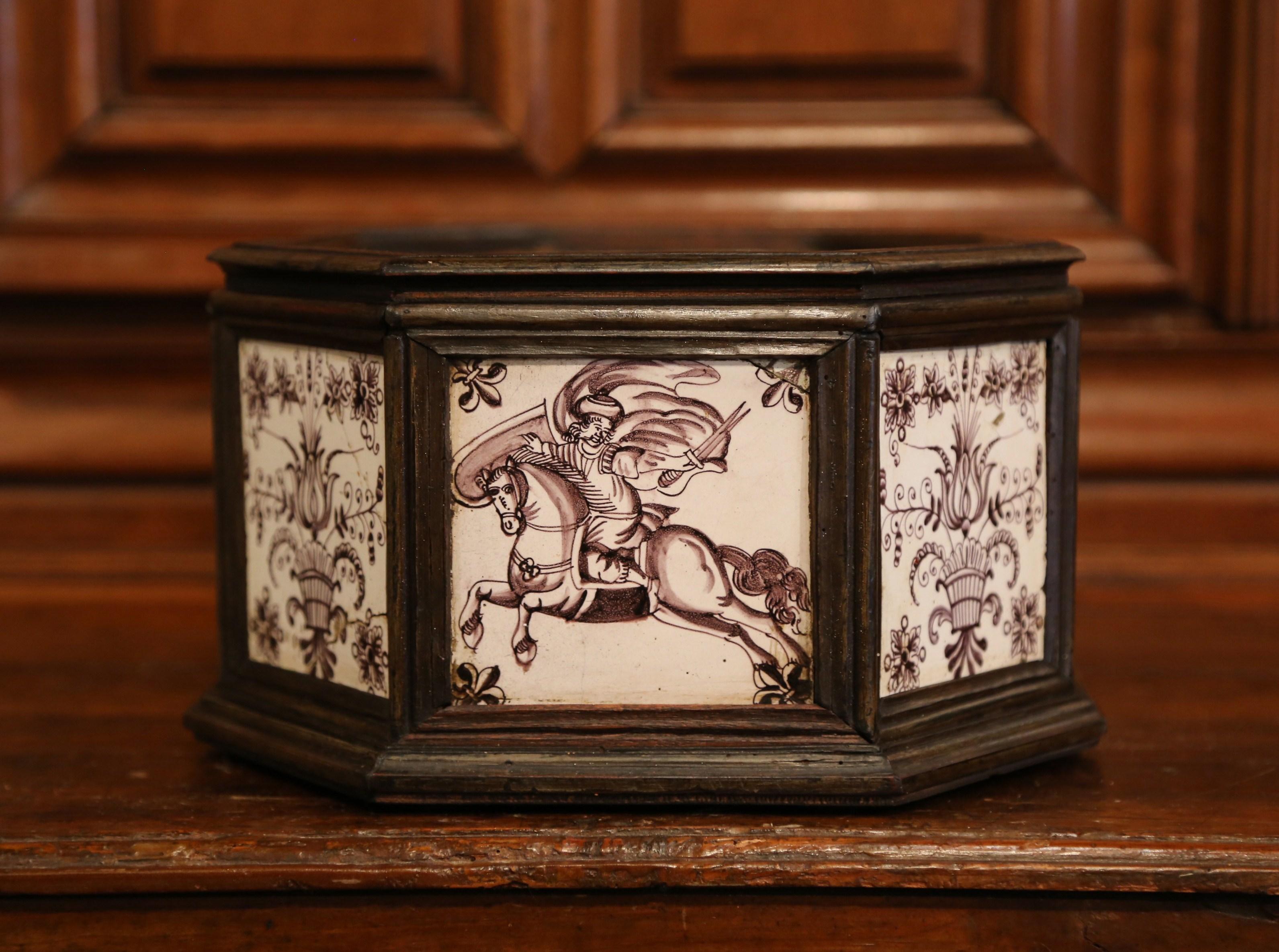 19th Century French Octagonal Carved Walnut and Painted Tile Jardinière 3
