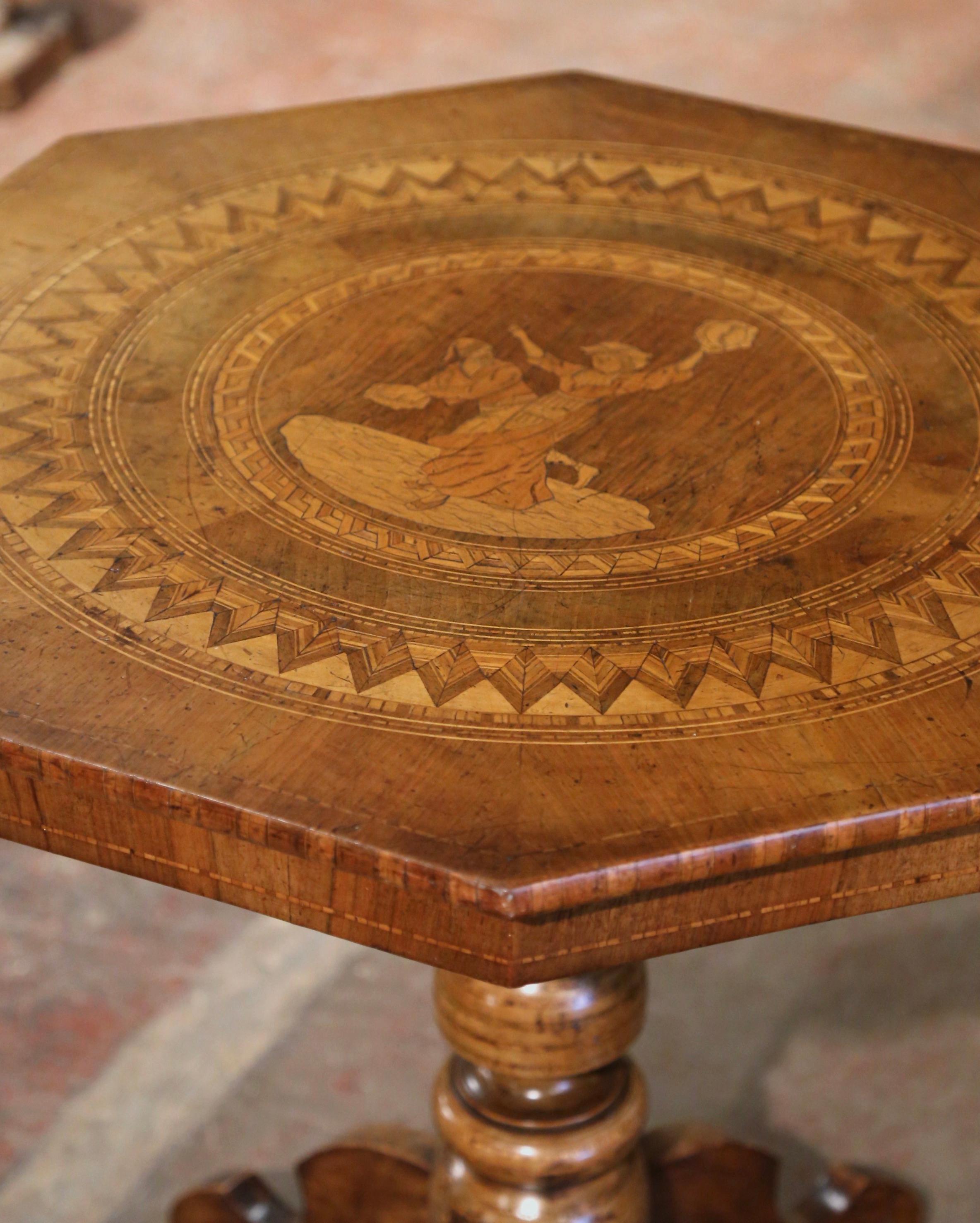 Napoleon III 19th Century French Octagonal Carved Walnut Inlaid Pedestal Gueridon Table For Sale