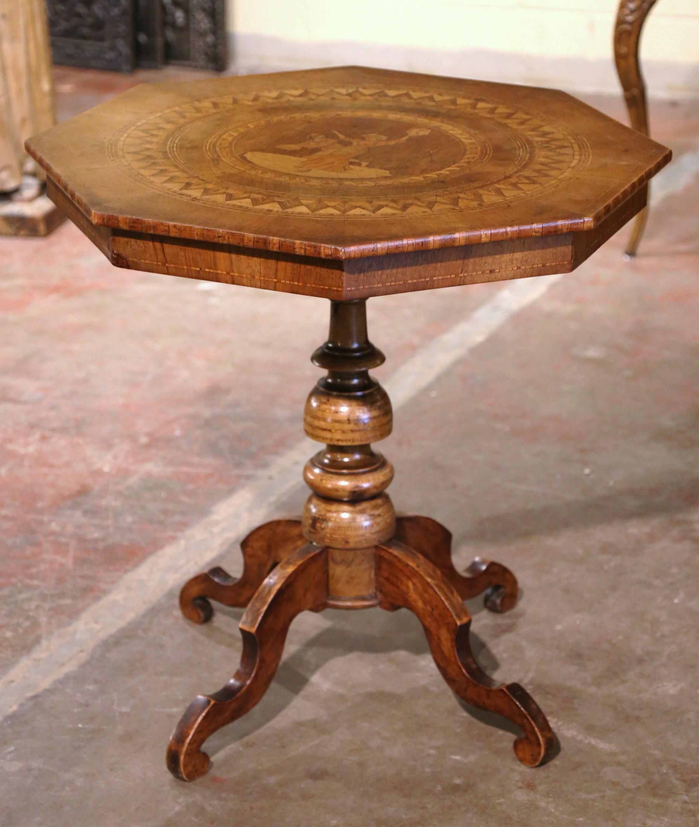 19th Century French Octagonal Carved Walnut Inlaid Pedestal Gueridon Table For Sale 1