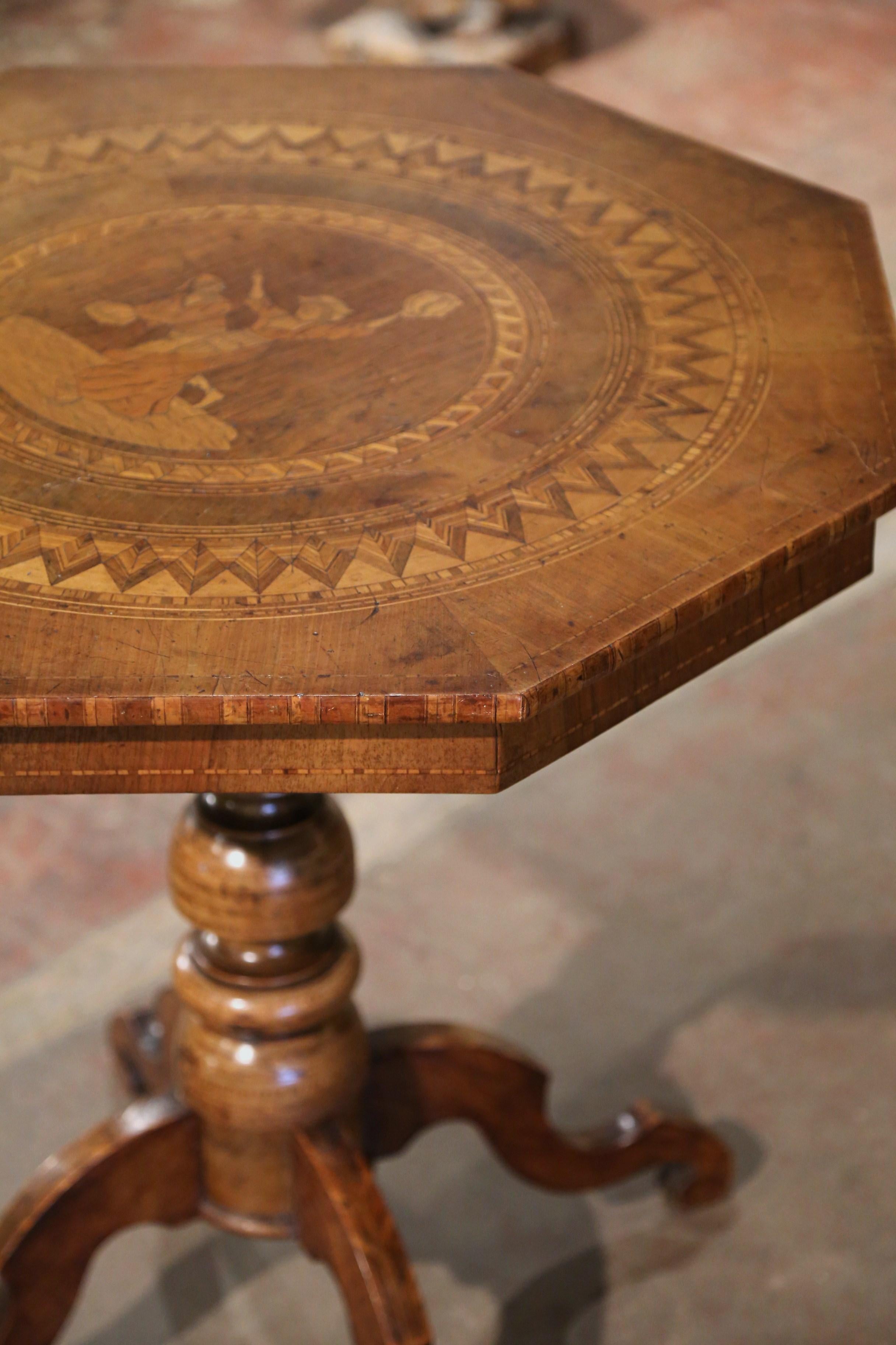 19th Century French Octagonal Carved Walnut Inlaid Pedestal Gueridon Table For Sale 2